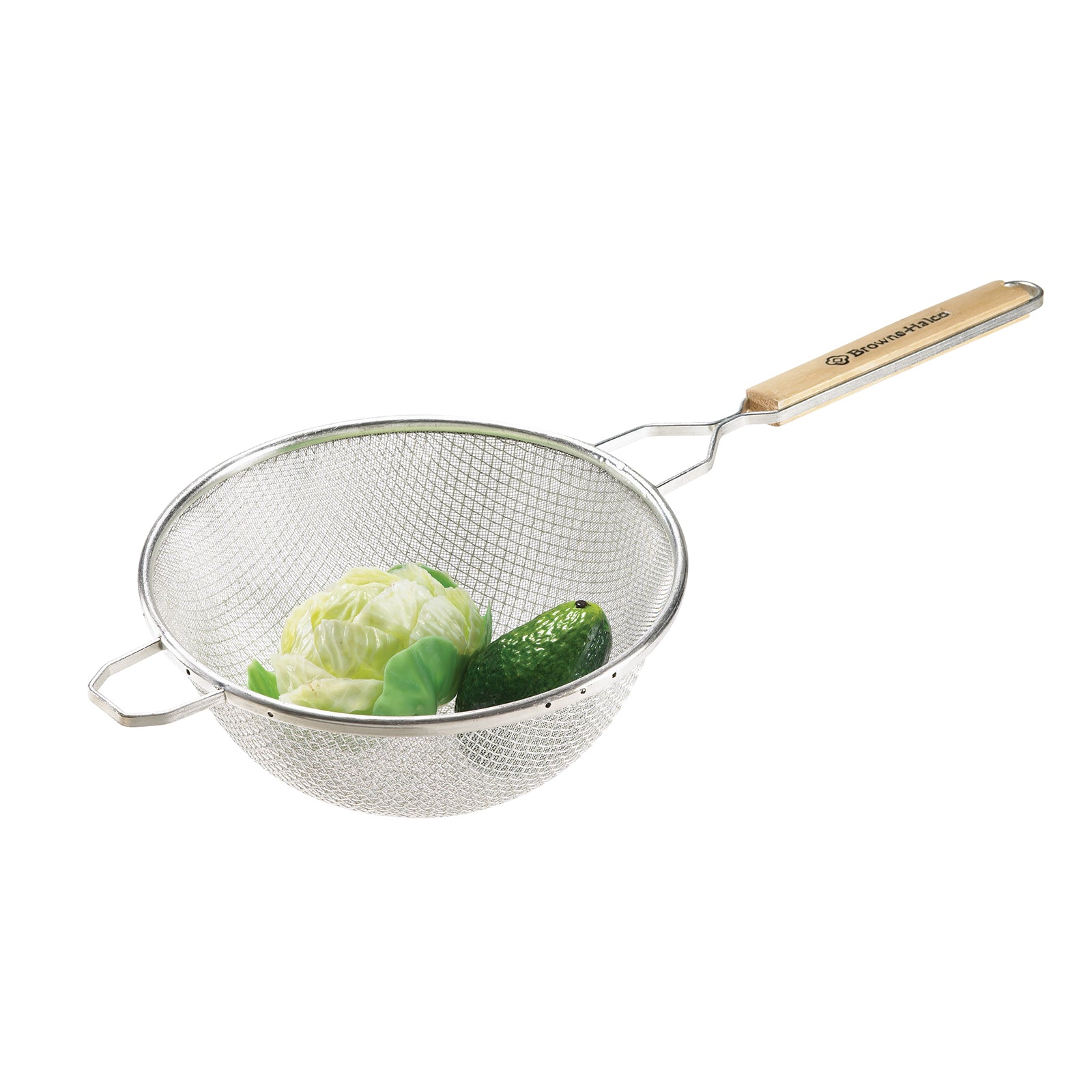 Premium Browne 8-Inch Double Medium Mesh Strainer with Wood Handle - Perfect for Straining Pasta, Vegetables, and Berries in the Kitchen