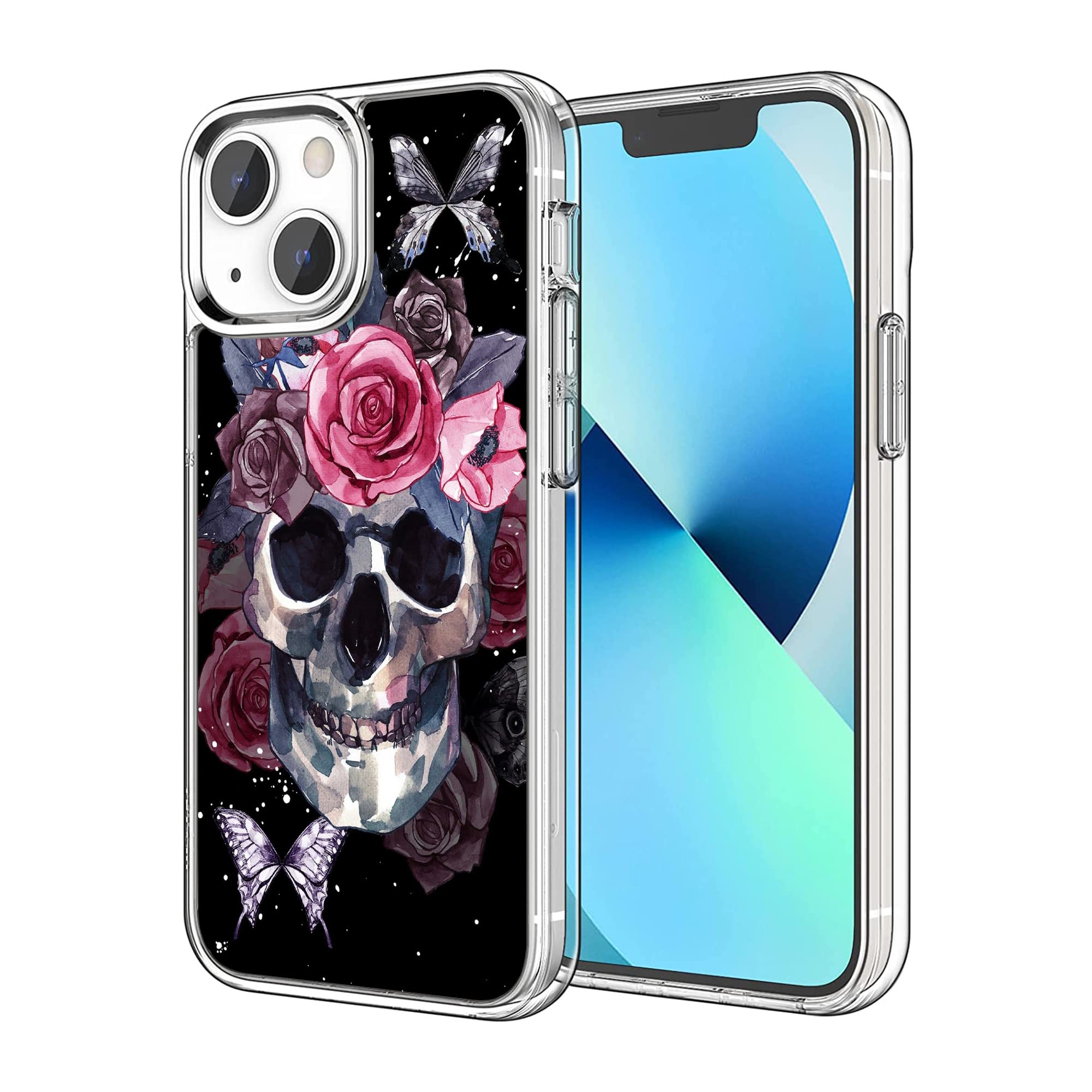 Shockproof Clear TPU Phone Case for iPhone 13 - Slim Protective Cover with Skull Flower Butterfly Design | Perfect for Daily Use, Outdoor Activities & Travel Protection