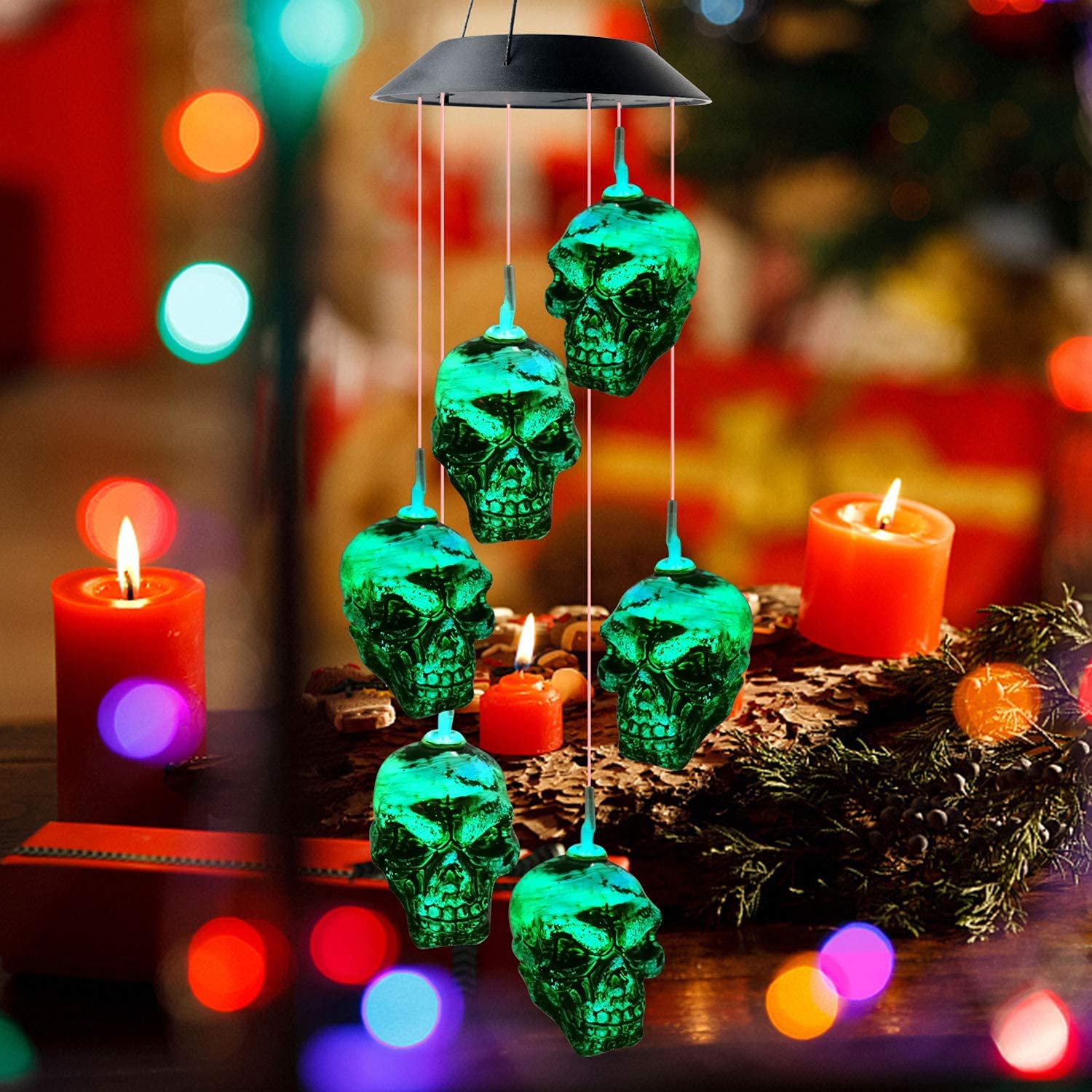 Solar-Powered Halloween Skeleton Skull Wind Chimes - Outdoor Garden Decor for Halloween, Christmas, Easter & Parties | Weather-Resistant Pumpkin Lantern & Festival Decoration Gift for Yard, Bars & Patios
