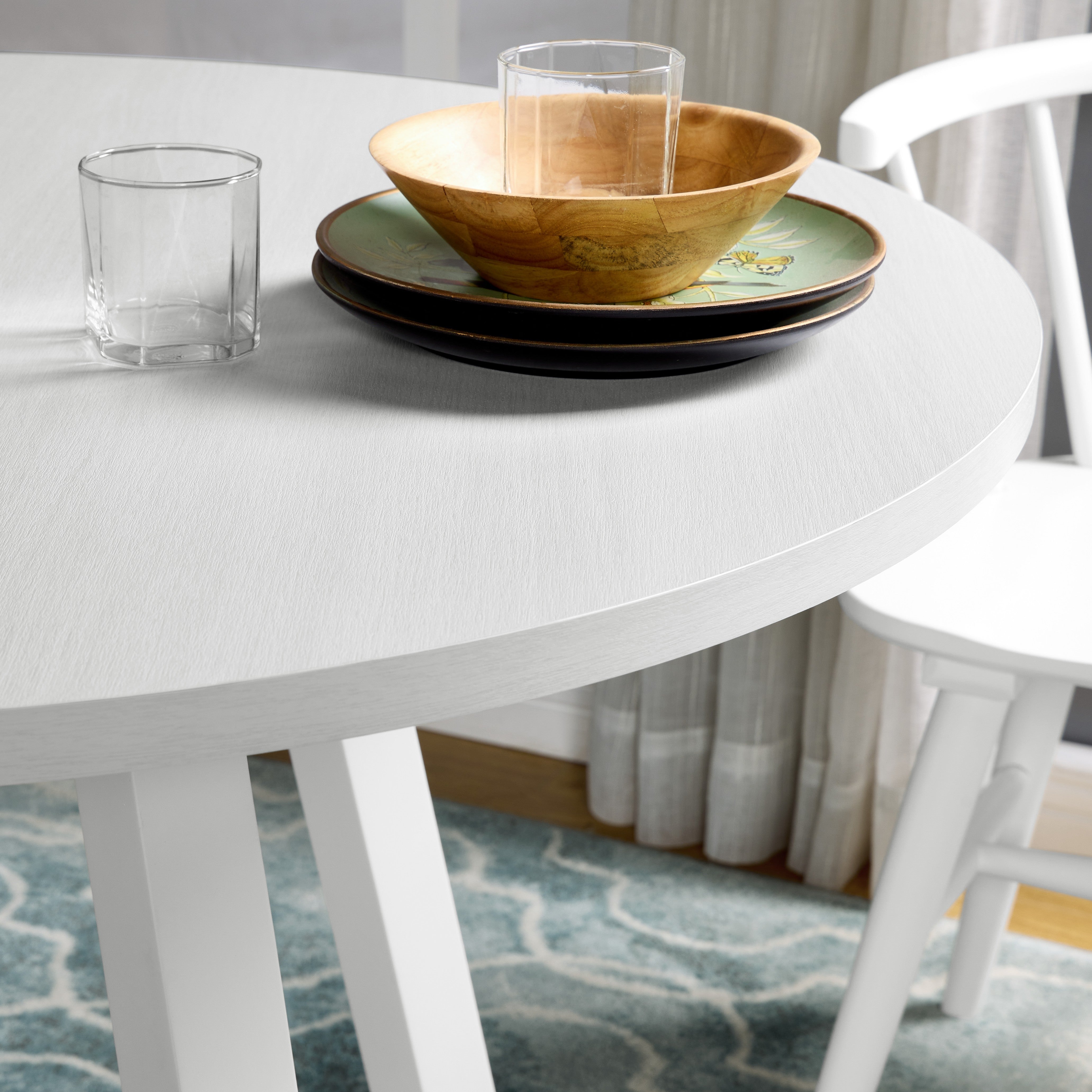 Roundhill Furniture Edo Contemporary Round Dining Table with Trestle Base - White Finish for Modern Dining Room & Kitchen Decor