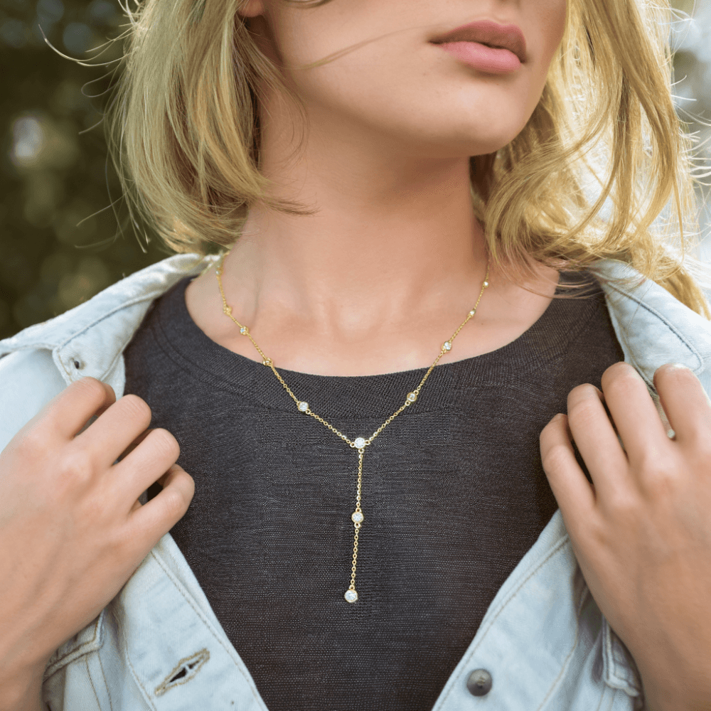Grace Premium Moissanite Lariat Necklace - 14K Gold Plated Elegant Layering Pendant for Women | Perfect for Weddings, Anniversaries & Special Occasions