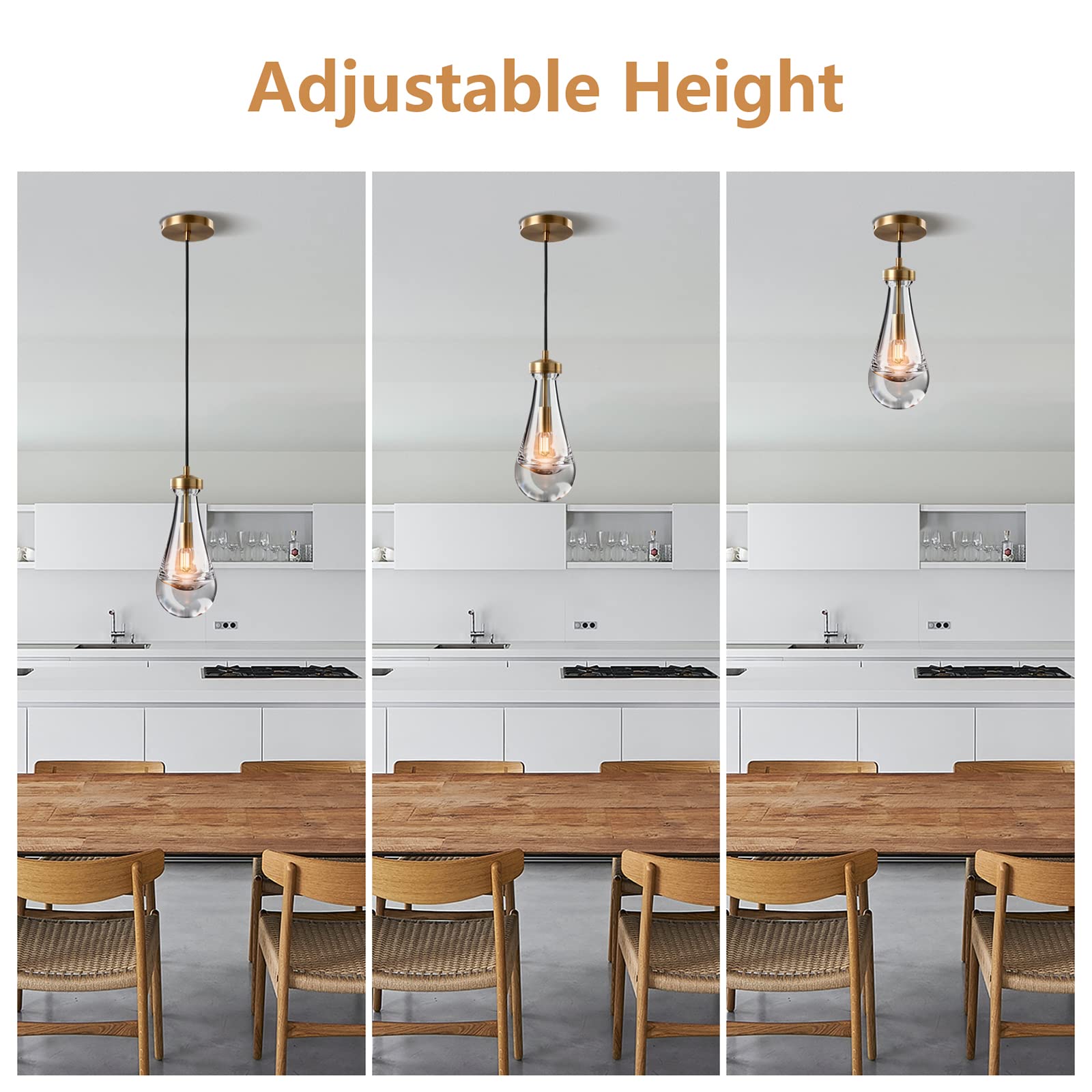 Modern Brass Pendant Light Fixtures with Raindrop Glass for Kitchen Island, Living Room, Hallway, Bedroom, Dining Hall, Office & Bar - Farmhouse Decor (Includes Bulb) | Elegant Lighting for Home & Commercial Spaces