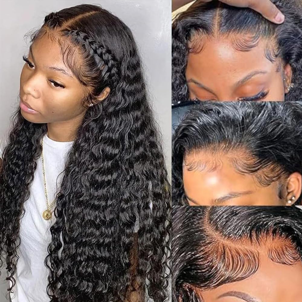 13x6 Deep Wave Lace Front Wigs Human Hair 200% Density Transparent Lace Frontal Wig - Pre Plucked Deep Part Curly Lace Front Wigs with Baby Hair | Glueless Human Hair Wig 26 Inch for Daily Wear, Parties & Special Occasions