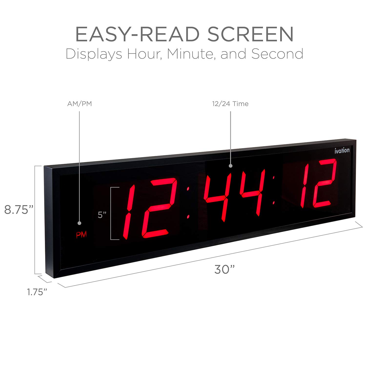 Large 30 Inch Digital LED Wall Clock with Blue Display - Oversized Modern Clock for Home, Office, or Classroom - Shelf & Wall Mountable