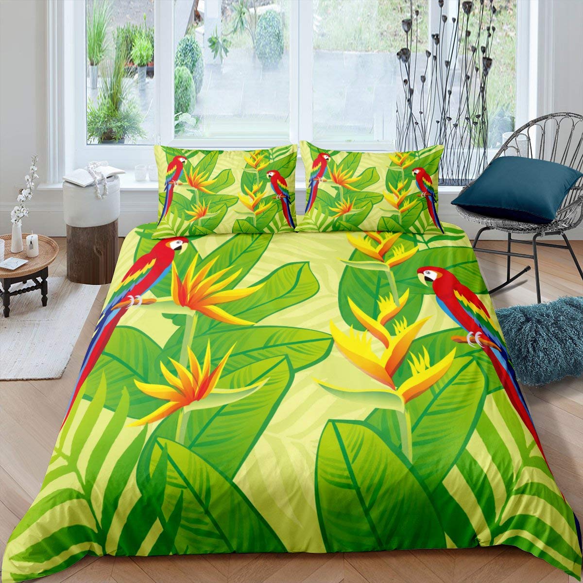 Erosebridal Tropical Parrot Duvet Cover Set - Colorful Feather Design with Tree & Bird Pattern, Twin Size Green/Red Comforter Cover + 1 Pillowcase - Perfect for Kids, Boys, Girls & Women's Bedroom Decor | Jungle Theme Bedding for Tropical Nursery, Guest Room or Vacation Home