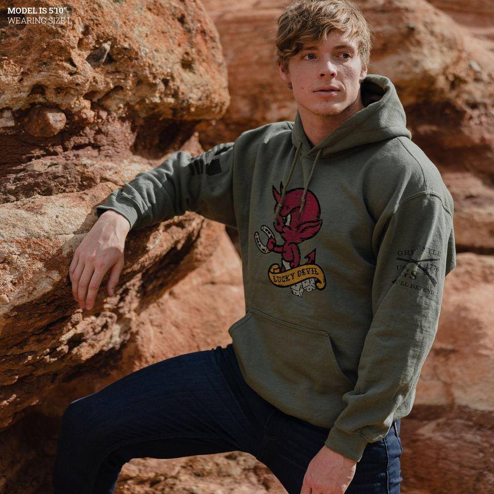 Lucky Devil Hoodie - Military Green Pullover Sweatshirt for Men & Women | Streetwear Fashion, Casual Wear, Outdoor Activities