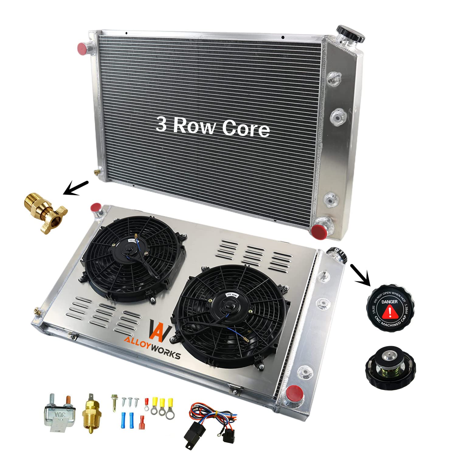**ALLOYWORKS CU716 Full Aluminum Radiator & Dual 12'' Fan Shroud with Relay Kit for 1973-1991 Chevy C/K 10 20 30 Series & GMC Trucks, Pickup, Blazer, Suburban, Jimmy - Compatible with Multiple V8 Models (3-Row, AT/MT) - Perfect for Off-Roading, Towing & High-Performance Cooling**