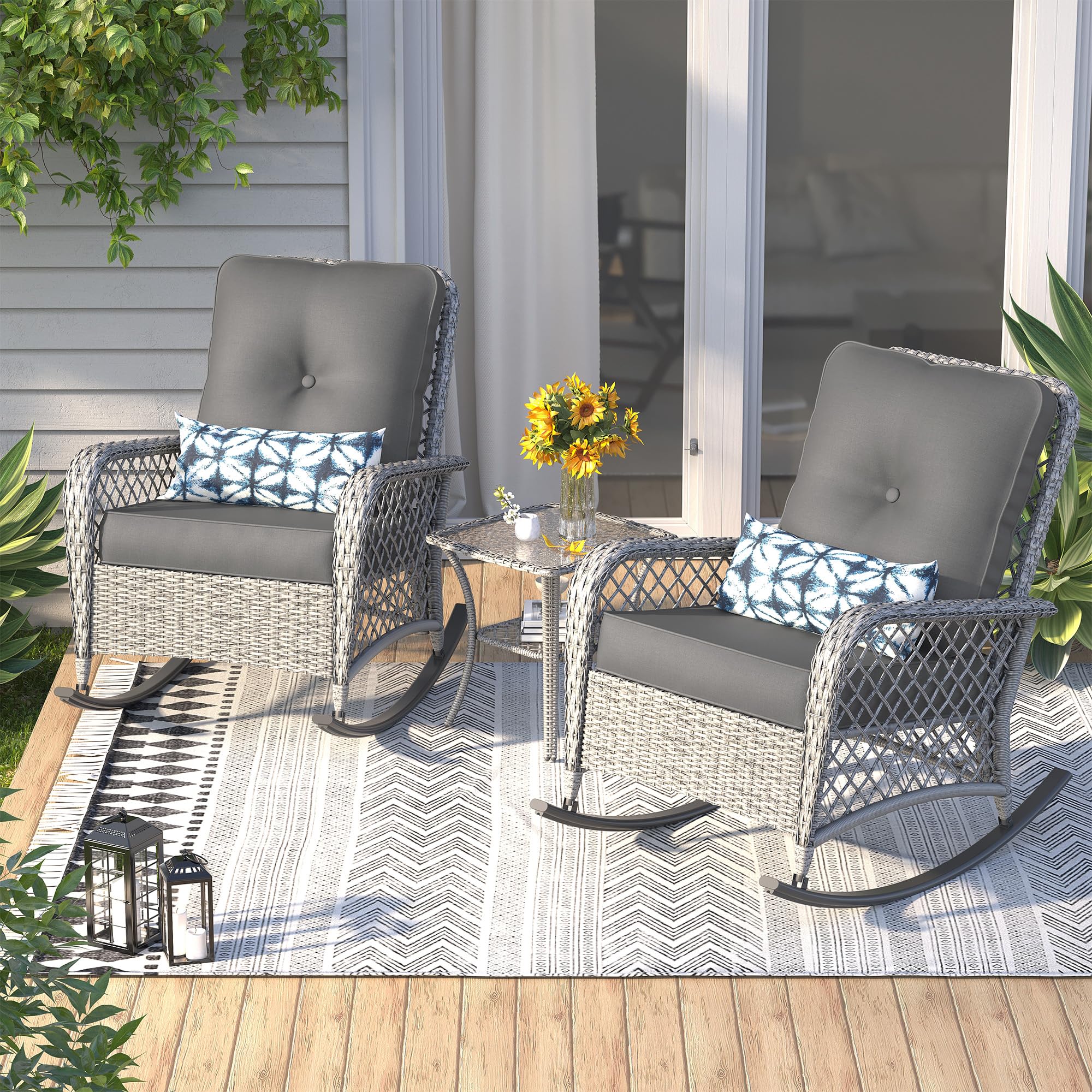 UDPATIO 3-Piece Wicker Outdoor Rocking Chair Set with 2 Rockers & Side Table - 4