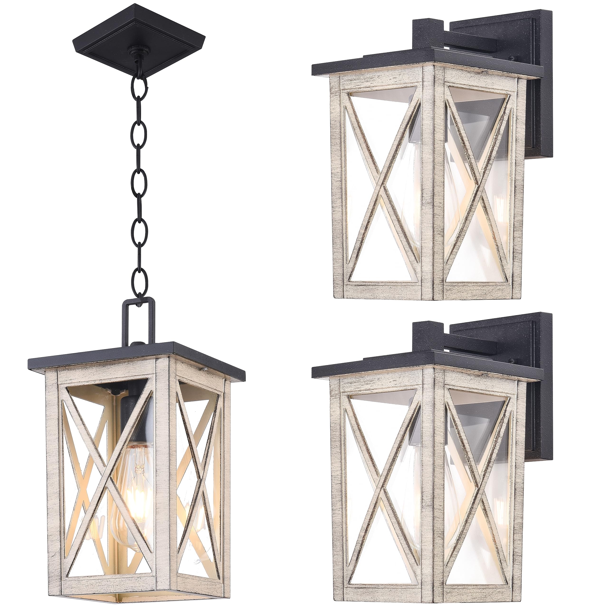 Outdoor Pendant Light - Waterproof Hanging Lantern with Wood Grain & Glass Shade - 1-Light Exterior Fixture for Porch, Patio, Entryway - Perfect for Garden, Deck, and Outdoor Dining Areas