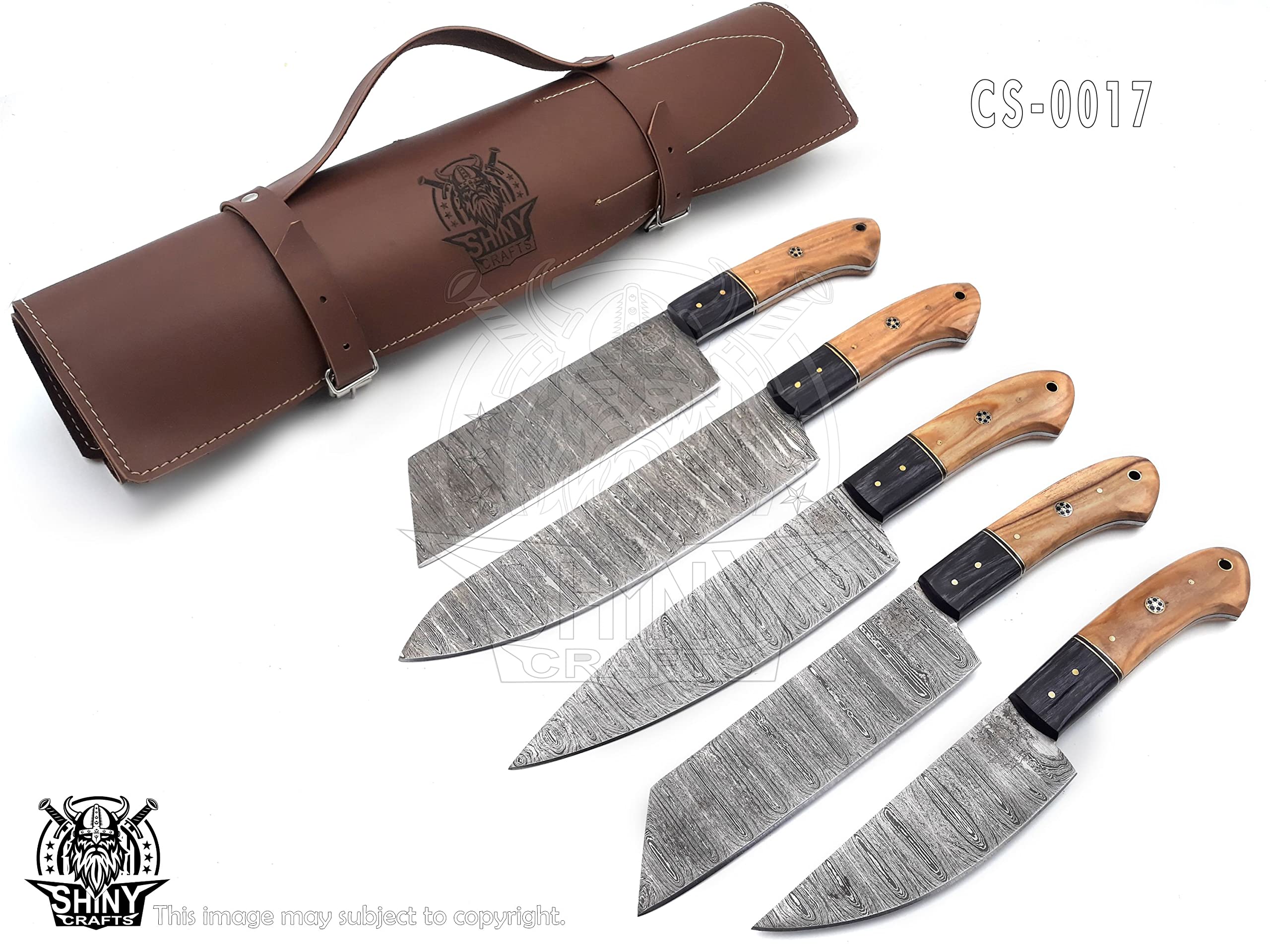 Premium Handmade Damascus Steel Kitchen Knife Set with Camel Bone Handle - Razor-Sharp Chef Knives in Leather Pouch Roll (CS-17) - Perfect for Professional Chefs, Home Cooking & Culinary Gifts