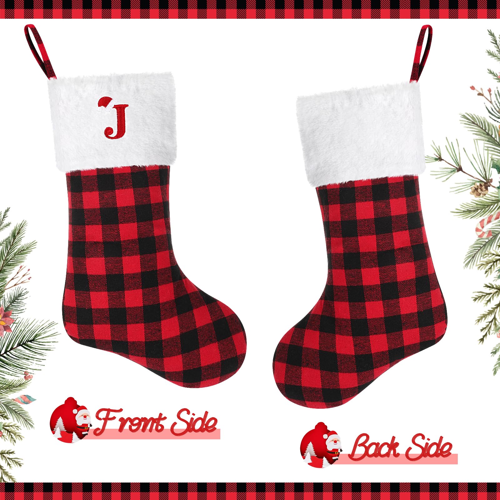 20 Inches Large Personalized Monogram Christmas Stocking - Red Black Buffalo Plaid with Embroidered Letters - Holiday Fireplace Decor for Xmas - Perfect for Family Gifts, Mantel Decoration & Festive Home Decor (Initial J)