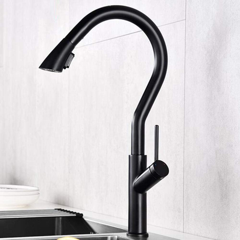 Black Brass Kitchen Sink Mixer Tap with Pull Down Sprayer - 360 Degree Rotation, 2 Spray Modes, Telescopic Faucet for Hot & Cold Water - Perfect for Modern Kitchens, Cooking, Washing Dishes & Food Prep