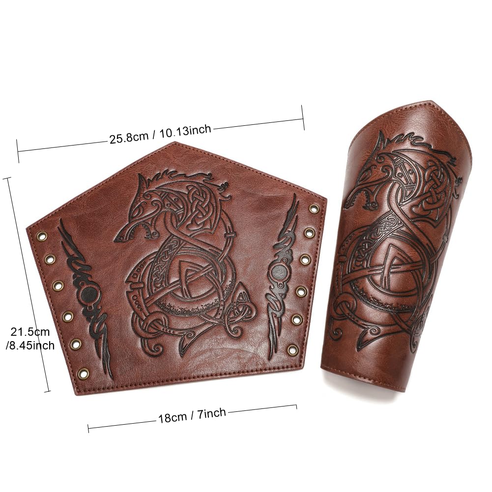 Medieval Leather Bracers for Men - Dragon Embossed Viking Armor Cuffs - Handmade Leather Arm Guards for LARP, Cosplay, Renaissance Fairs & Historical Reenactment