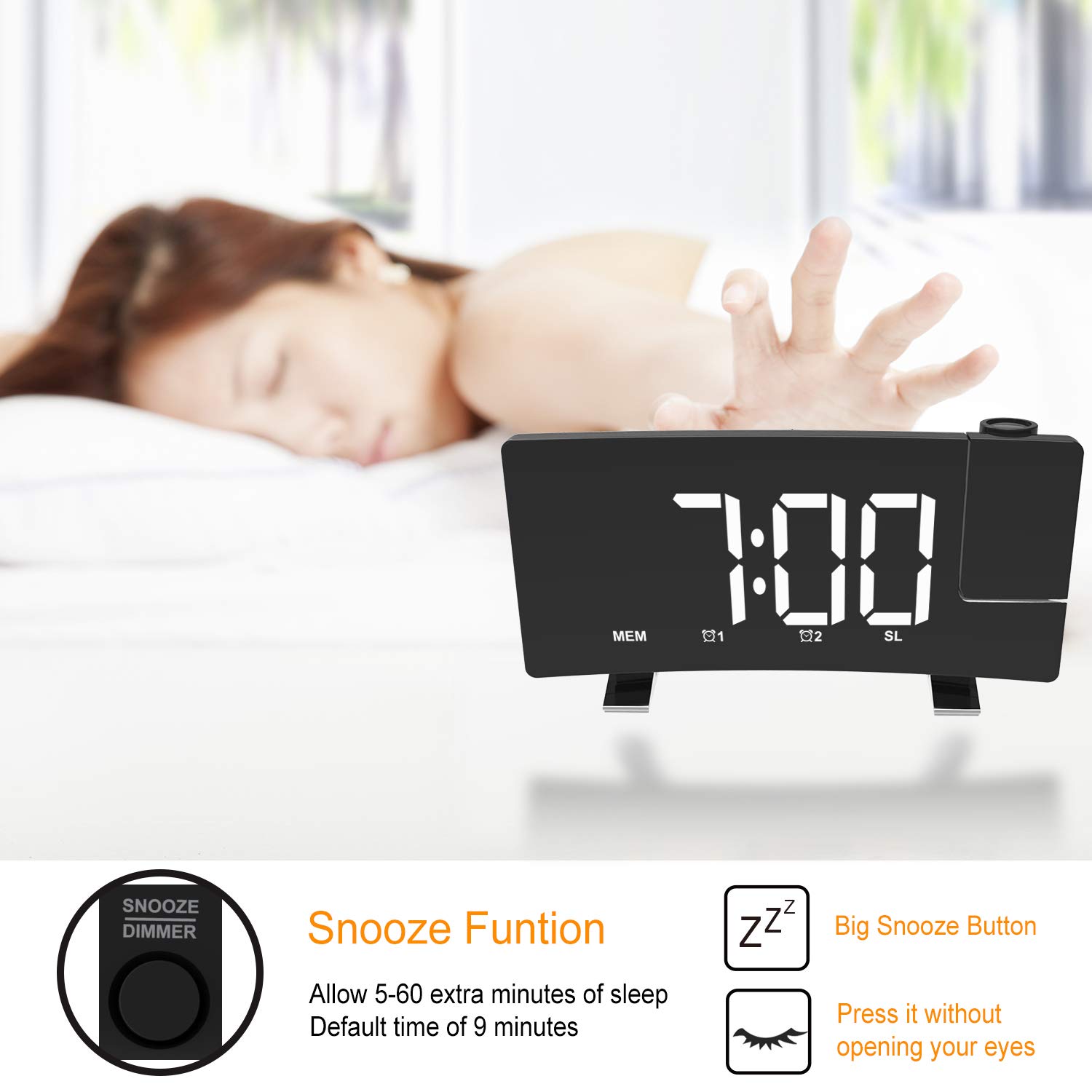 3H Digital Projection Alarm Clock with FM Radio, USB Charger, Dual Alarms, 5