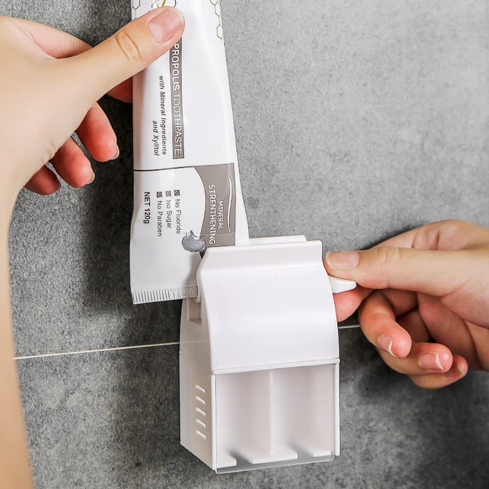 2-Pack Rolling Toothpaste Tube Squeezer Dispenser with Toothbrush & Razor Holder - Plastic Manual Toothpaste Pump Clip - Bathroom Organizer Wall Mount Stand for Efficient Space Saving & Clutter-Free Countertops