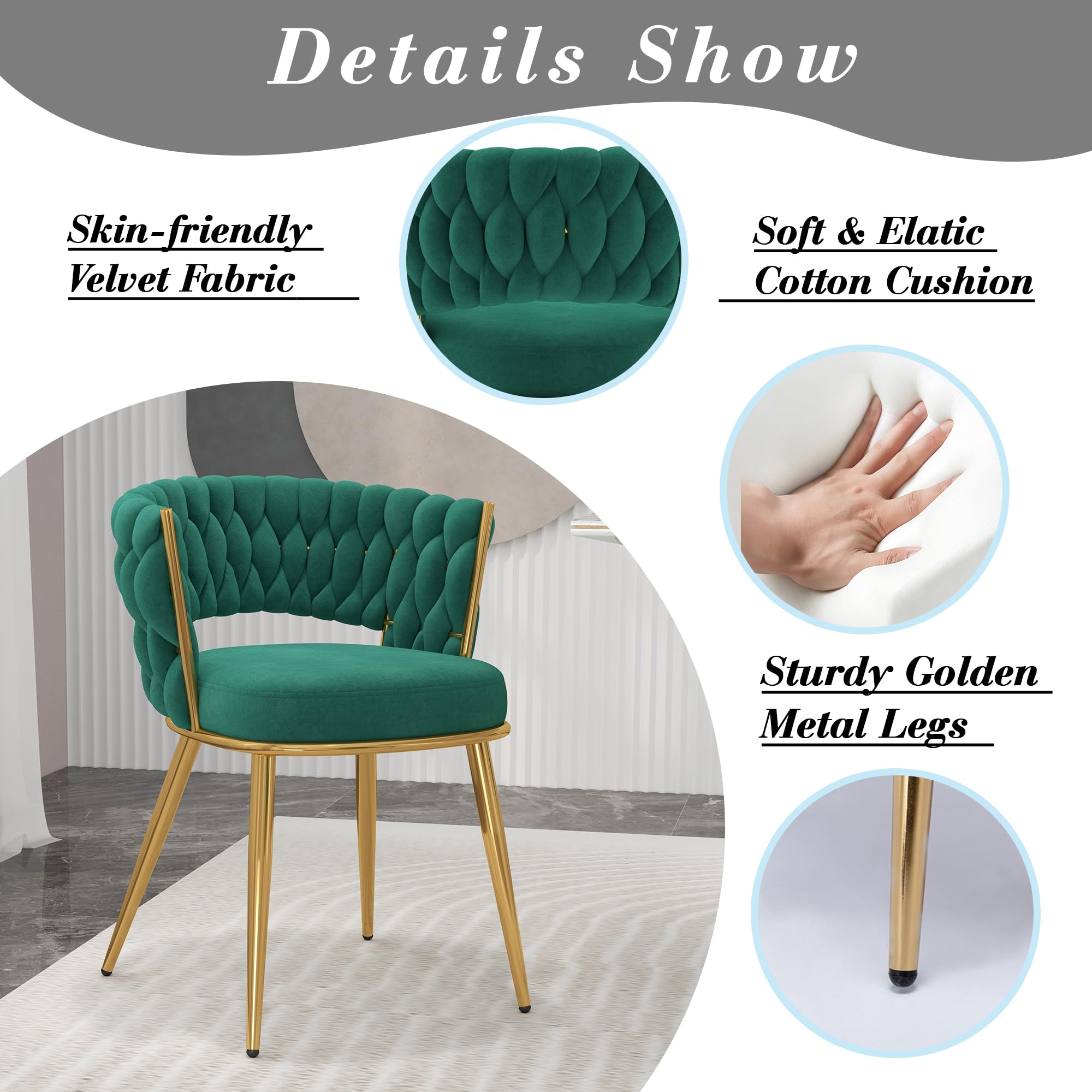 **KCC Velvet Dining Chairs Set of 2 - Modern Gold Upholstered Chairs with Metal Legs for Dining Room, Kitchen, Living Room & Vanity - Soft Woven Fabric, Elegant Green - Perfect for Home Decor, Entertaining & Small Spaces**