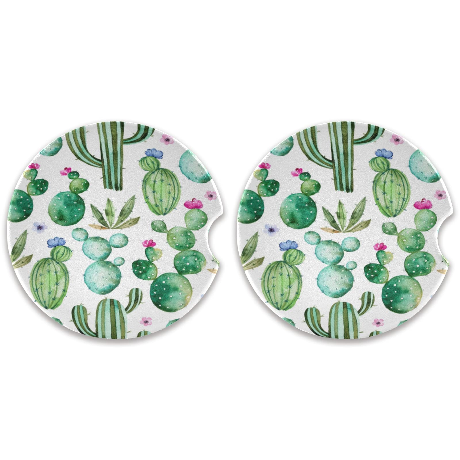 2-Pack Cactus Flower Car Coasters - Absorbent Ceramic Cup Holder for Drinks | Non-Slip Car Accessories for Men & Women (2.56in) | Perfect for Road Trips, Commuting & Office Use