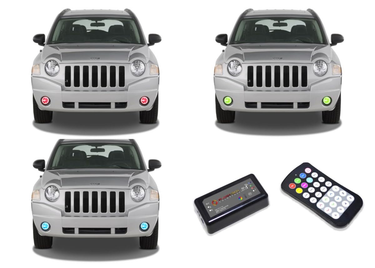 Flashtech LED RGB Multi-Color Halo Ring Fog Light Kit with ColorFuse RF Remote - Compatible with Jeep Compass 2007-2010 | Off-Road Lighting & Custom Car Styling Upgrade