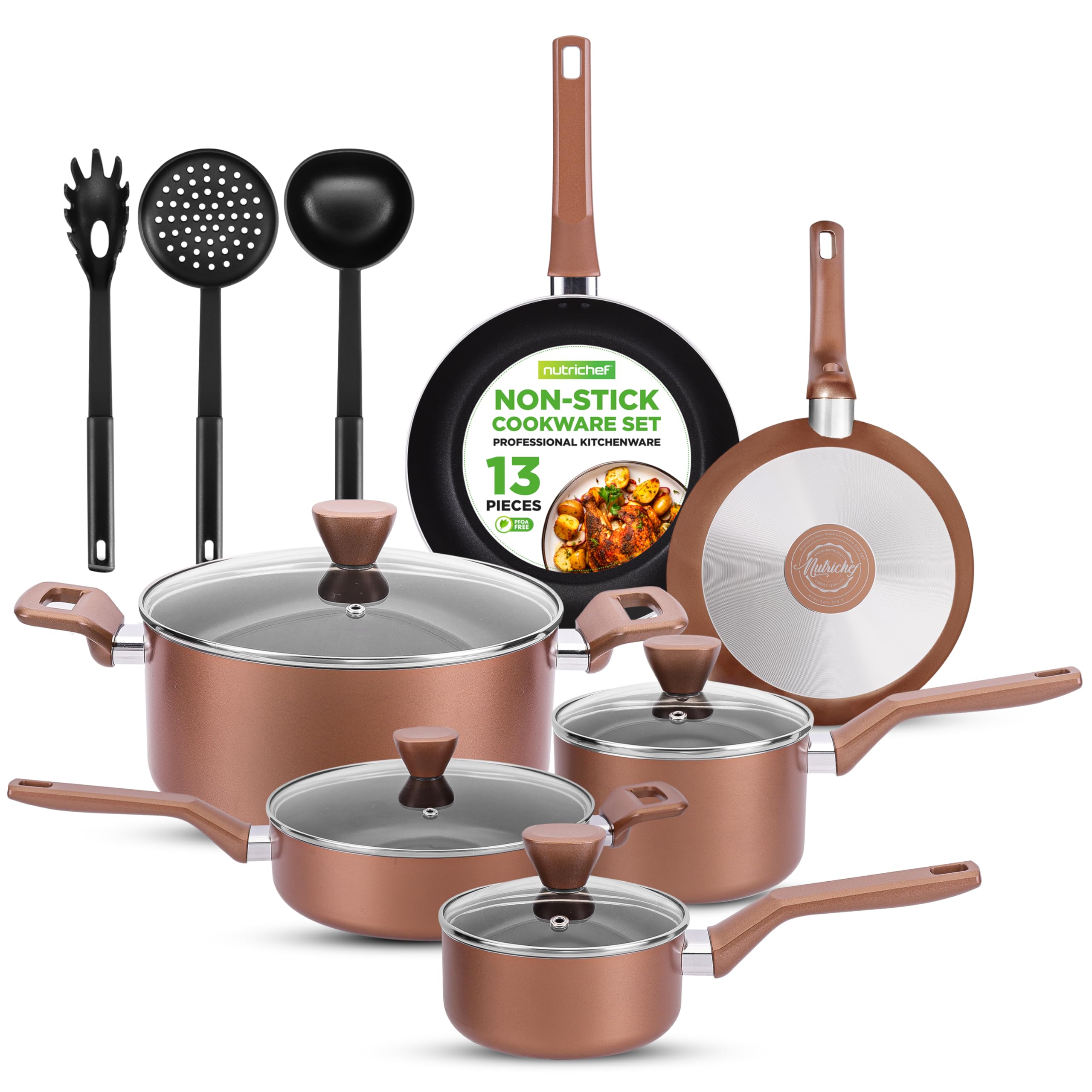 NutriChef 13-Piece Nonstick Cookware Set - PTFE/PFOA/PFOS-Free, Heat Resistant Pots & Pans with Saucepan, Frying Pans, Casserole, Lids & Kitchen Utensils - Brown (NCCWA13BR) - Perfect for Home Cooking, Meal Prep & Family Dinners