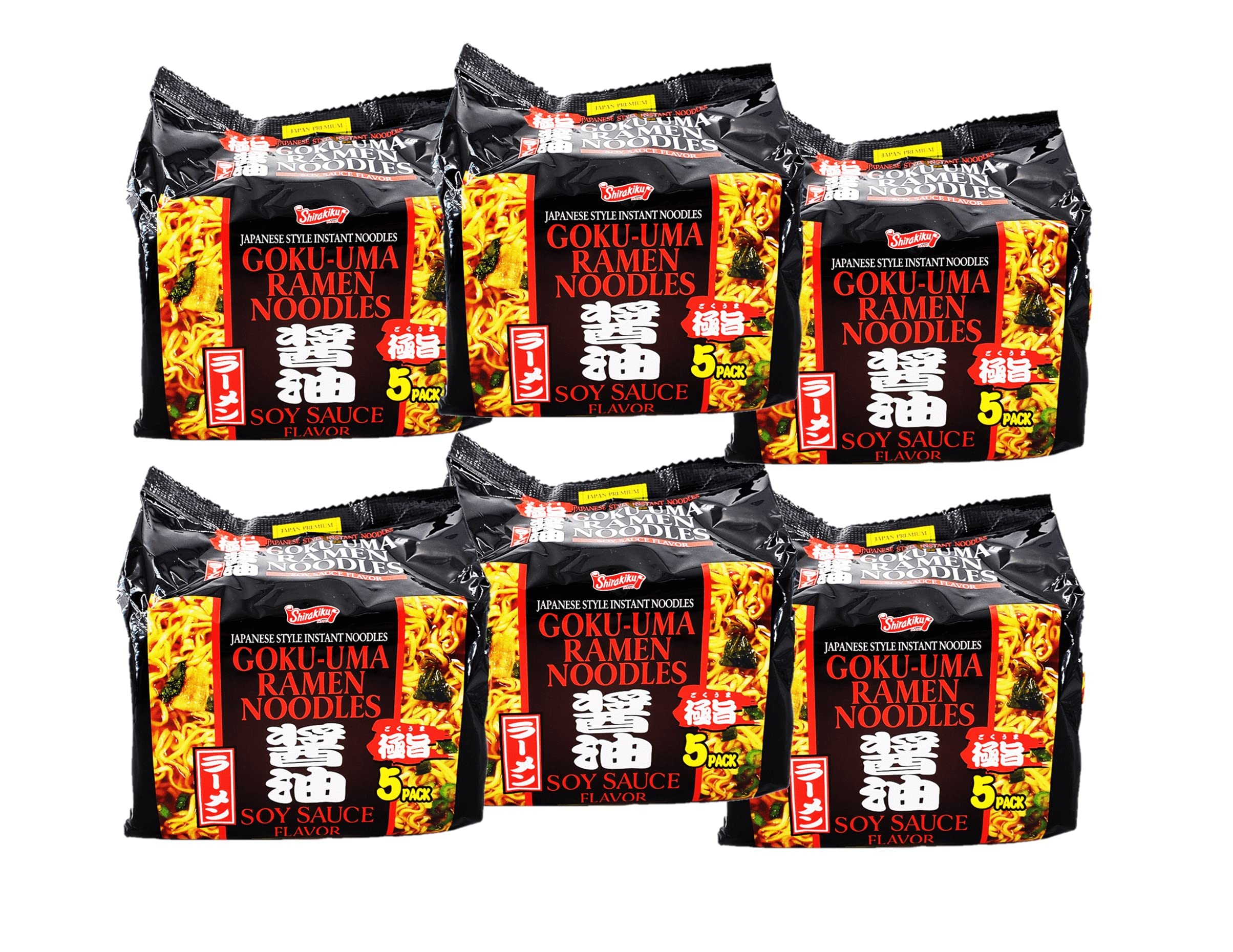 Shirakiku Japanese Goku-Uma Instant Ramen Noodles - Tonkotsu, Hot & Soy Sauce Flavor (30-Pack) | Quick & Delicious Meal for Busy Days, Office Lunch or Late Night Snack