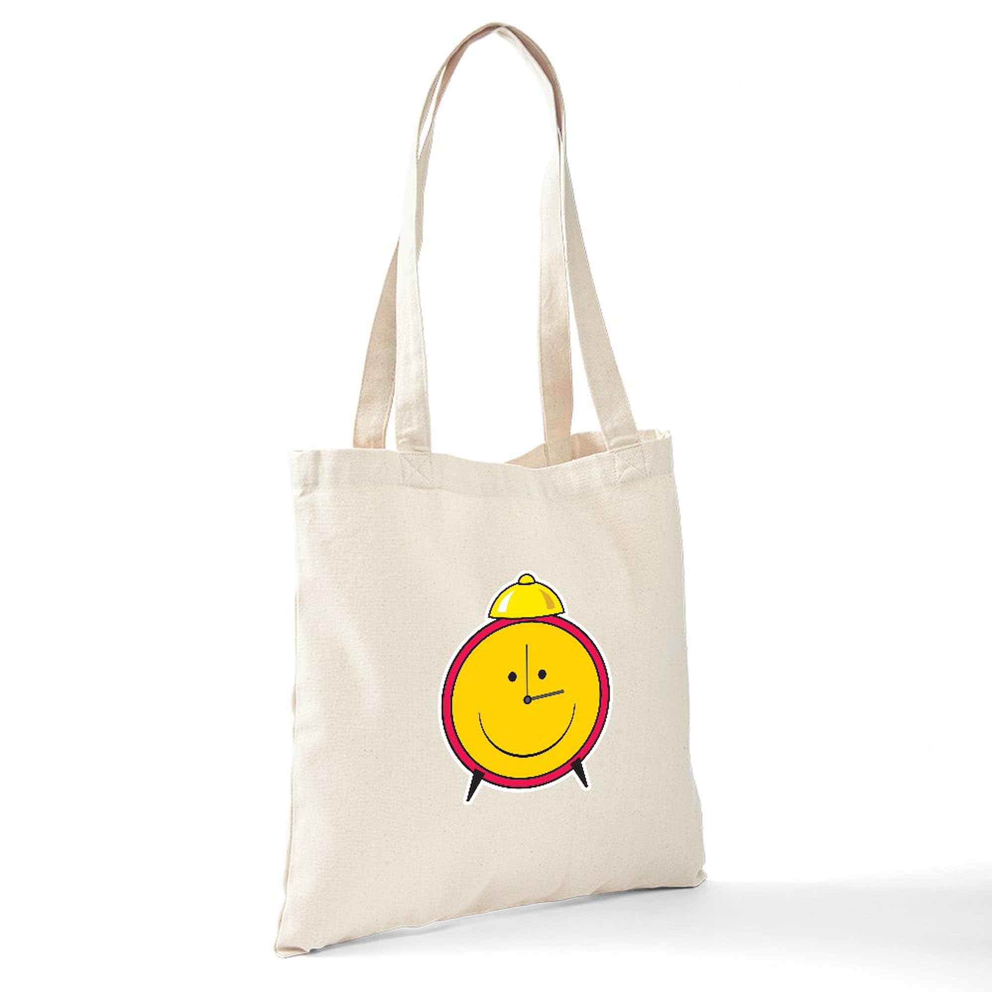 Smiley Face Alarm Clock Tote Bag - Natural Canvas Reusable Shopping Bag for Groceries, Beach & Daily Use | Eco-Friendly Cotton Tote with Unique Design