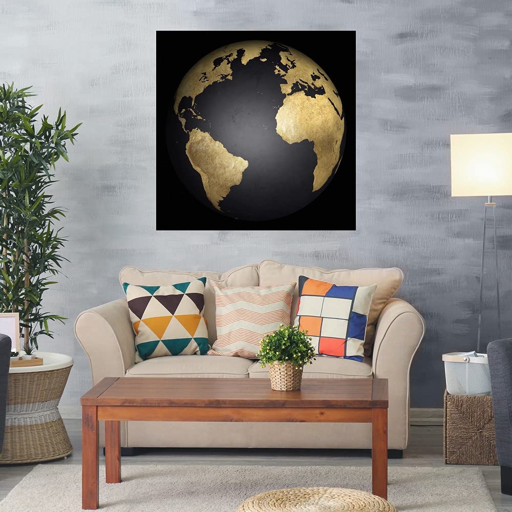Black & Gold Globe Fine Art Canvas Wall Decor by Belle Maison - 22x22 Inch Ready-to-Hang Painting for Living Room, Bedroom, Office & More - Elegant Home Decor for Modern Interiors
