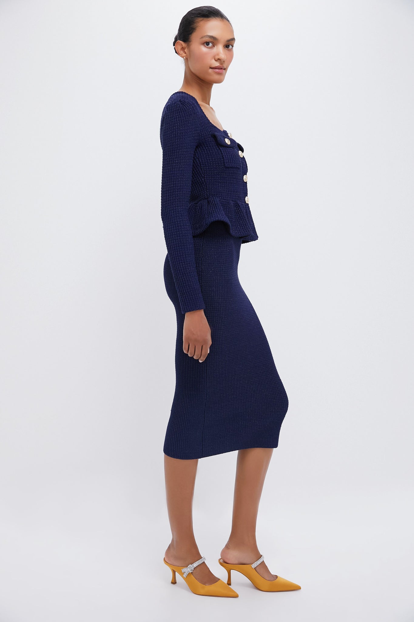 Navy Blue Knit Peplum Midi Dress for Women - Elegant Flared Waist Summer Dress for Casual Outings, Date Nights & Office Wear