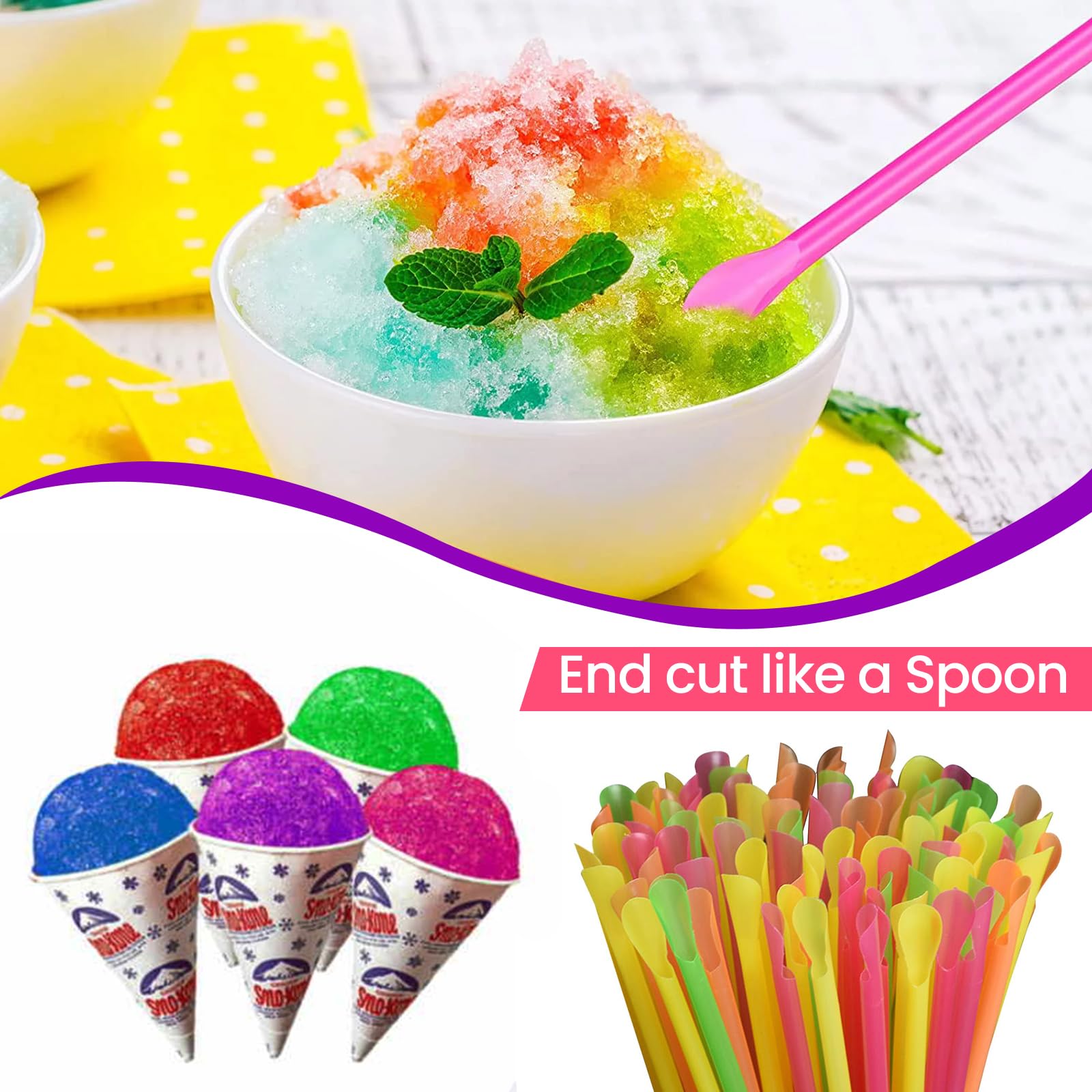 100 Pack 6oz Snow Cone Cups with 100 Neon Spoon Straws (200 Count Total) - Perfect for Summer Parties, Carnival Treats & Concession Stands
