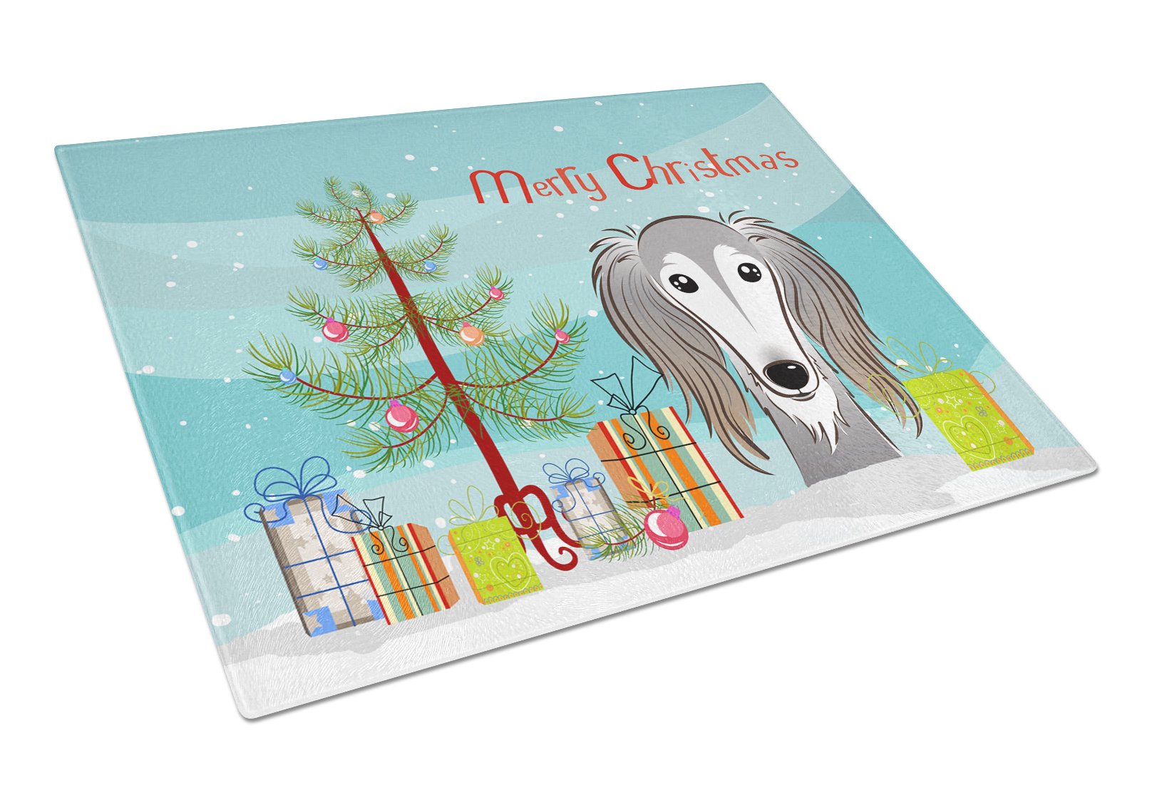 Christmas Tree and Saluki Dog Themed Tempered Glass Cutting Board - Large Decorative Kitchen Chopping & Serving Board | Perfect for Holiday Entertaining, Gift Giving & Everyday Use