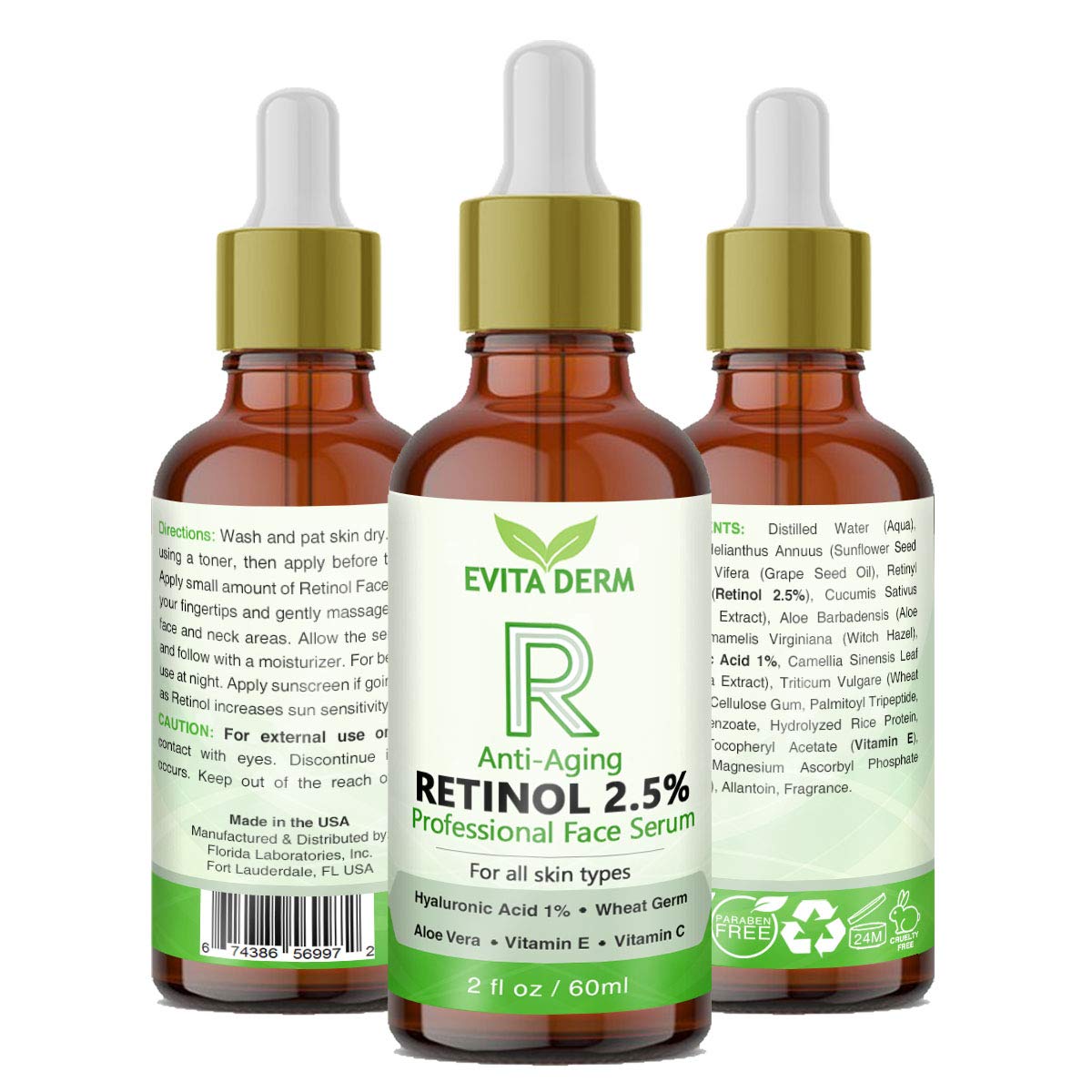 2.5% Retinol Serum with Hyaluronic Acid, Vitamin C & E, Peptide & Aloe Vera - Anti-Aging Face Serum for Wrinkles, Fine Lines & Acne - Boost Collagen Production - Day & Night Moisturizer for All Skin Types