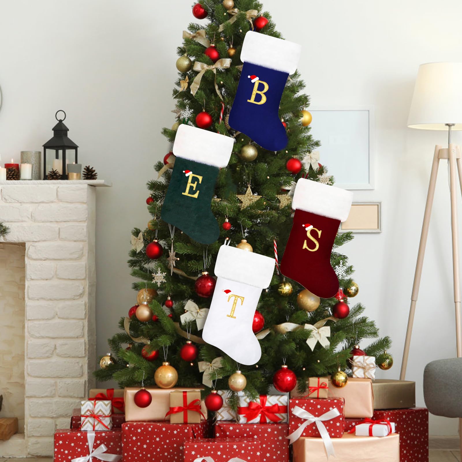 20 Inch Personalized Red Velvet Christmas Stockings with White Plush Cuff - Embroidered Monogram Letter J - Classic Holiday Decor for Fireplace Mantel, Gift Giving & Family Christmas Traditions