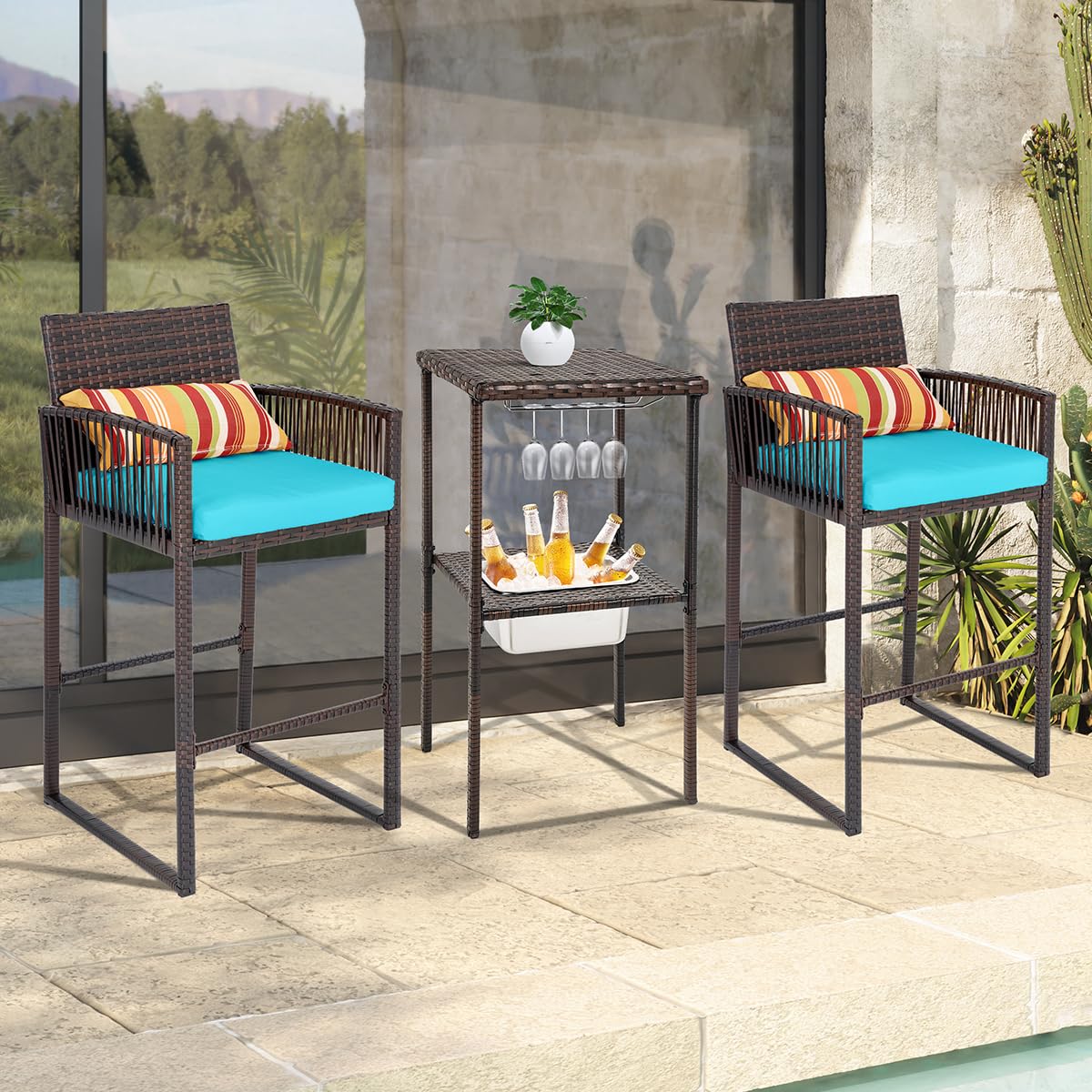 Sundale Outdoor 3-Piece Wicker Bar Set with Ice Bucket, 2 Pub Stools & Glass Holder - Brown Rattan & Blue Cushions - Perfect for Patio, Garden, Poolside & Backyard Entertaining