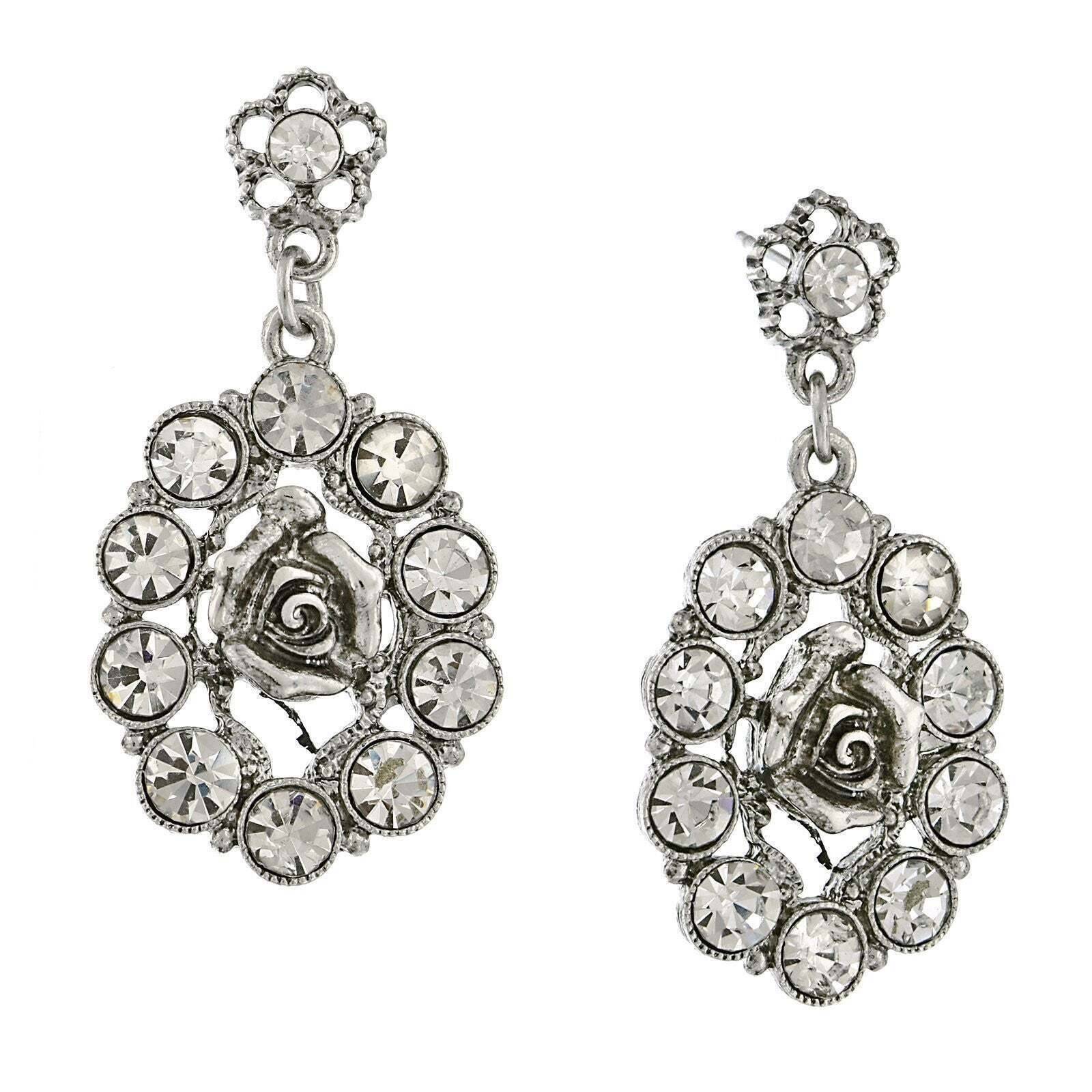 1928 Vintage Bridal Crystal Oval Flower Drop Earrings – Elegant Wedding Jewelry for Brides, Bridesmaids, and Special Occasions