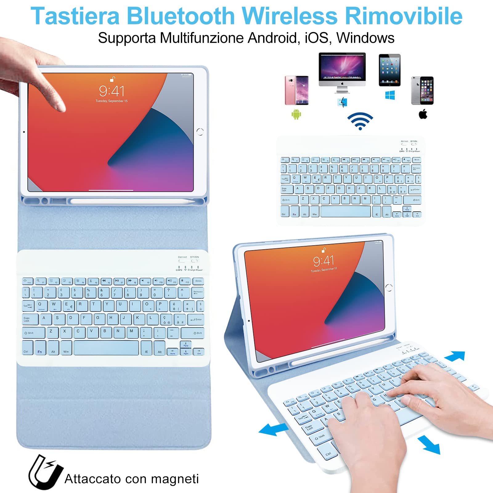Magnetic Bluetooth Keyboard Case for iPad 10.2 (2021 9th Gen/2020 8th Gen/2019 7th Gen)/iPad Pro 10.5/iPad Air 3 - Detachable Wireless Italian Layout Cover (Sky Blue) | Perfect for Work, Study & Travel