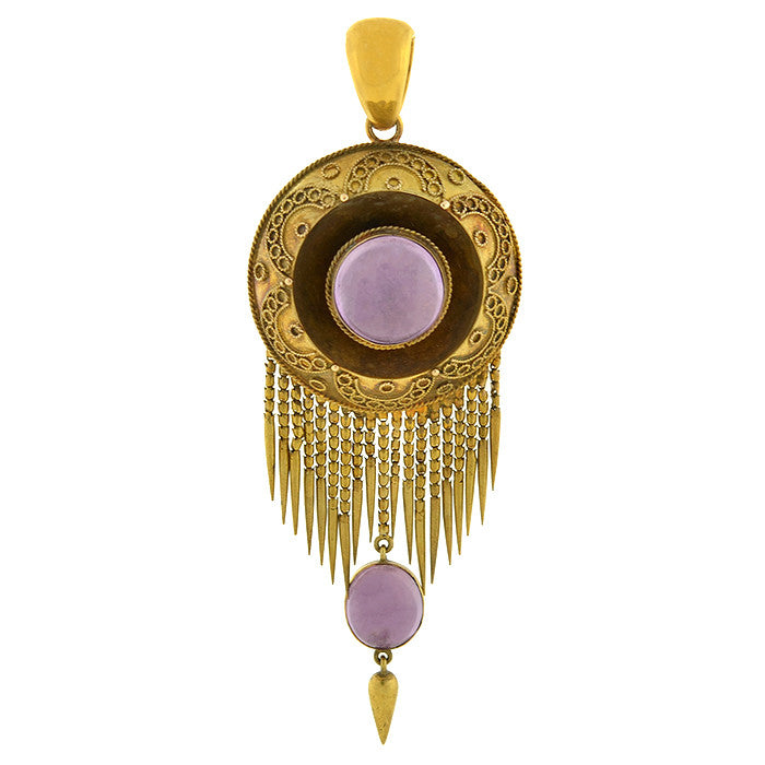 15K Gold Victorian Amethyst Etruscan Foxtail Pendant Locket Necklace - Elegant Vintage Jewelry for Women, Perfect for Weddings & Special Occasions