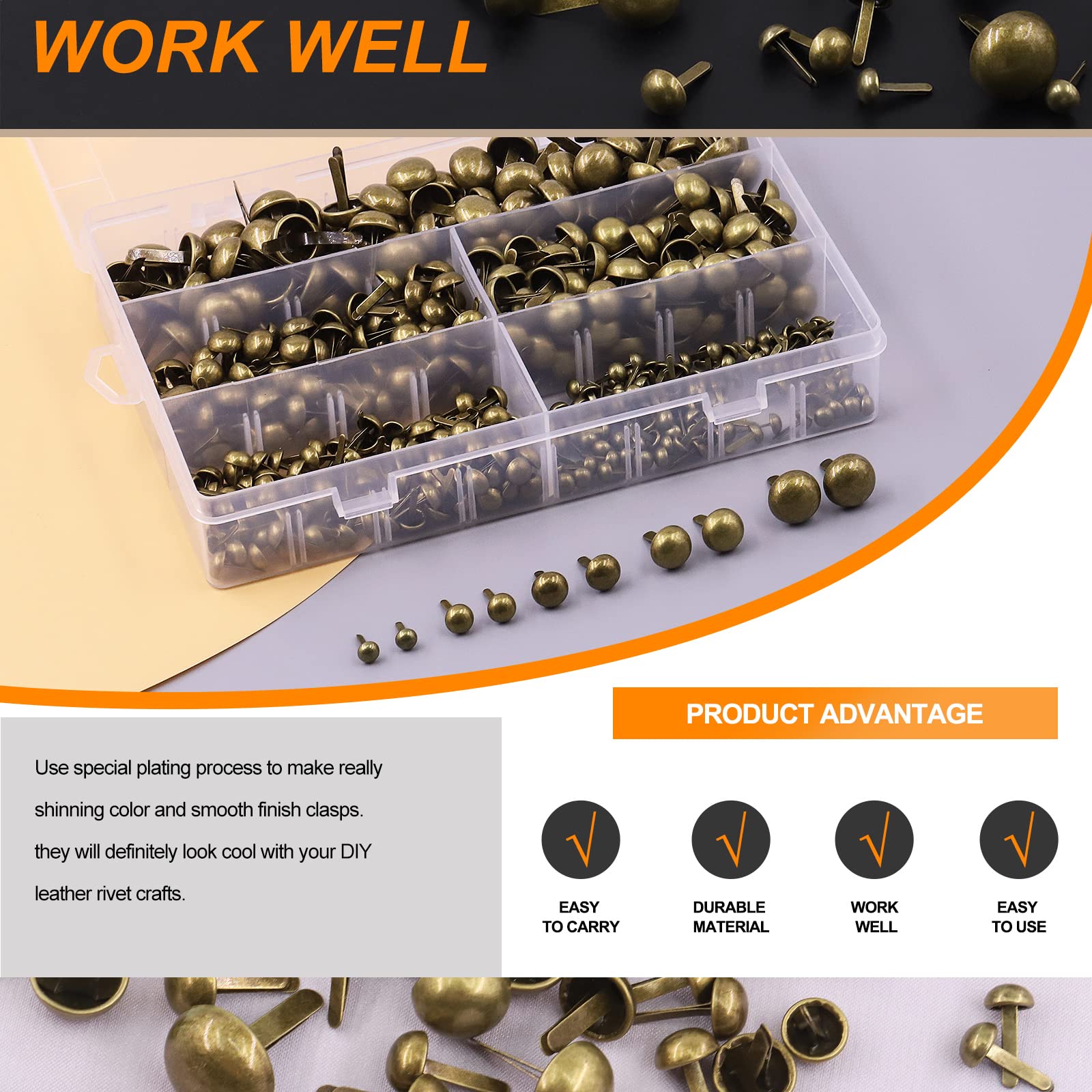 Rustark 500PCS Brass Paper Fasteners Kit - 5 Sizes Round Brads with Mushroom Head for Scrapbooking, DIY Crafts, School Projects & Decorative Arts | Perfect for Card Making, Photo Albums & Office Supplies
