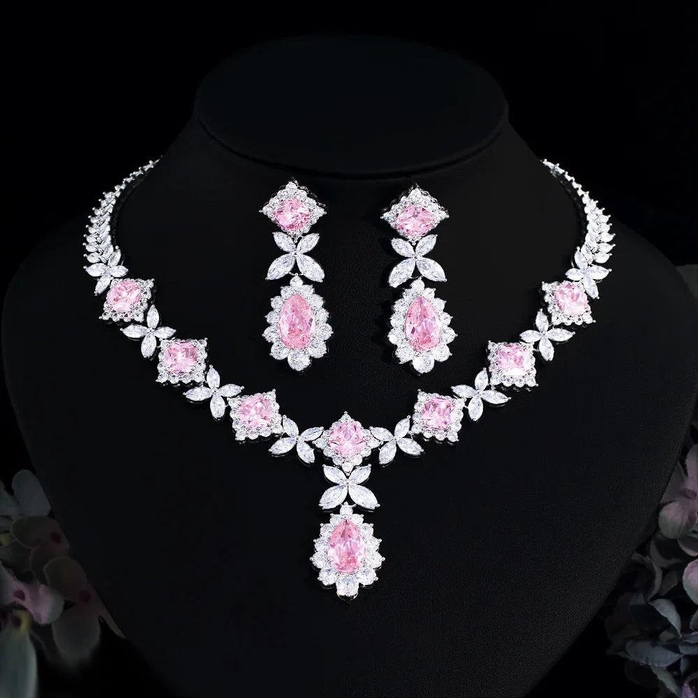 Luxury Pink Cubic Zirconia Wedding Jewelry Set for Women - 2 Piece Bridal Necklace Set, African Dubai Style Party Jewelry LYT0312 | Perfect for Weddings, Bridal Showers, and Special Occasions