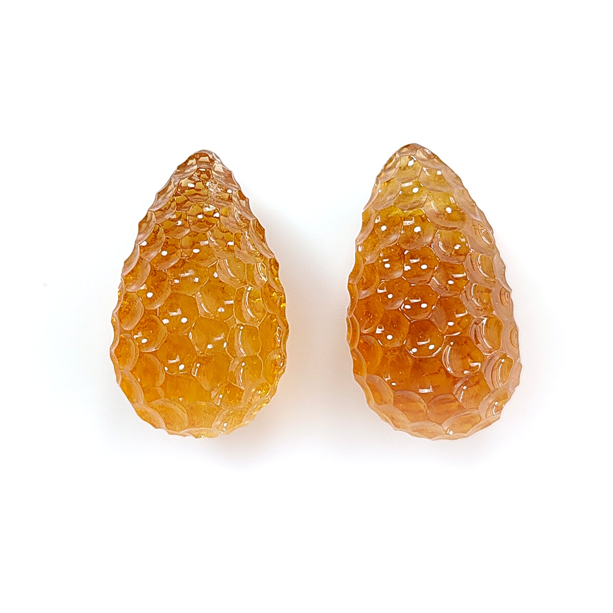 Natural Untreated Yellow Citrine Gemstone Carving - 57.20cts Hand Carved Teardrop Shape (24mm & 25mm, 2pcs) November Birthstone Jewelry Making Supplies for Necklace, Earrings & DIY Crafts