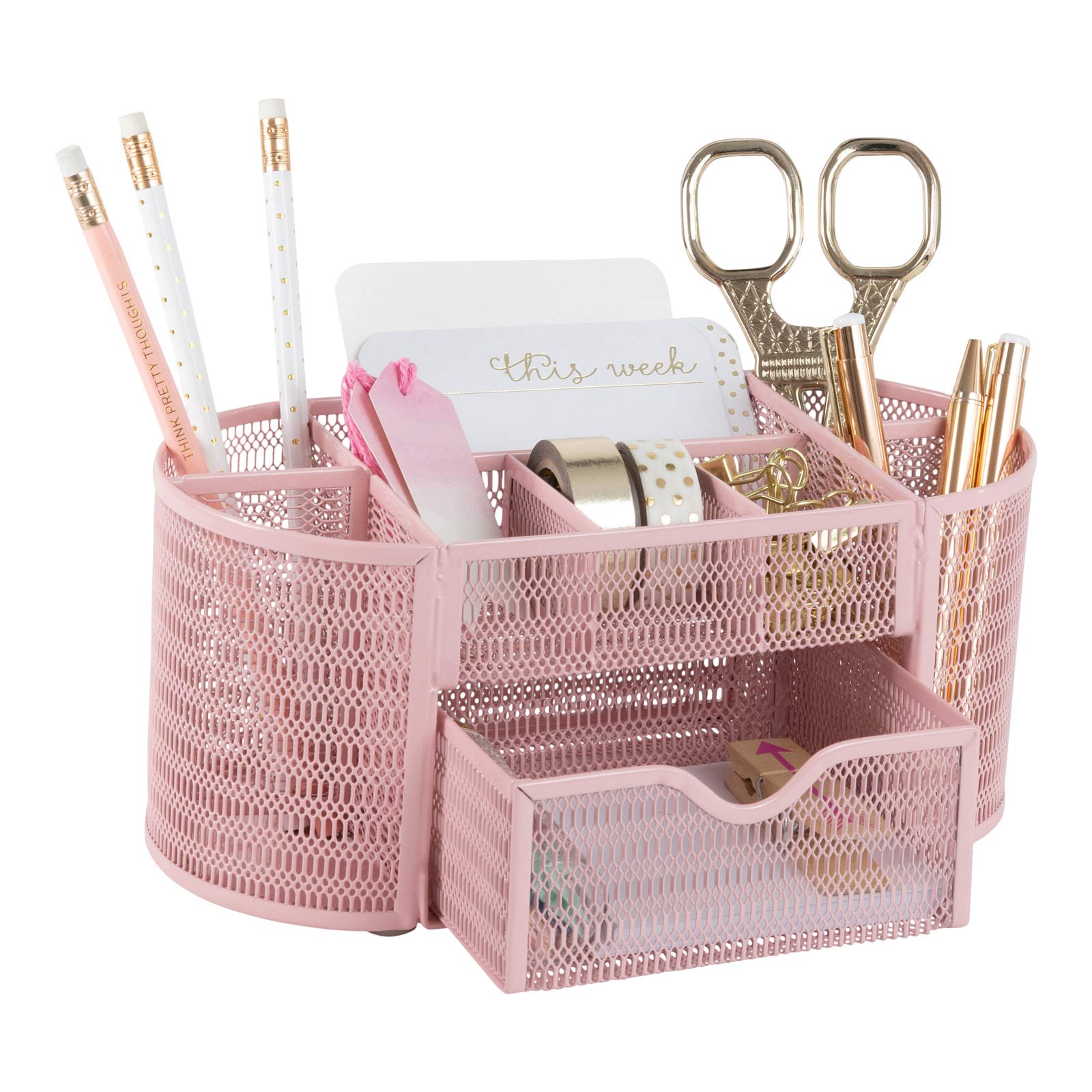 BLU MONACO Pink Metal Desk Organizer - Sturdy Office Supply Storage with 5 Compartments, Home & Office Desk Accessories for Pens, Pencils, Scissors | Perfect for Workspace Organization & Gift Idea