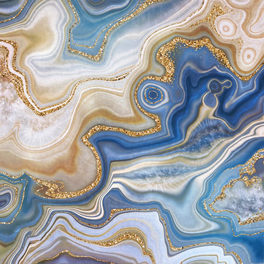 8x8 Square Marble Pattern Area Rugs - Blue Tan Gold Abstract Modern Non-Slip Carpet for Living Room, Bedroom, Dining Table, Kitchen & Bathroom | Luxe Art Decor Rug for Home & Office Spaces