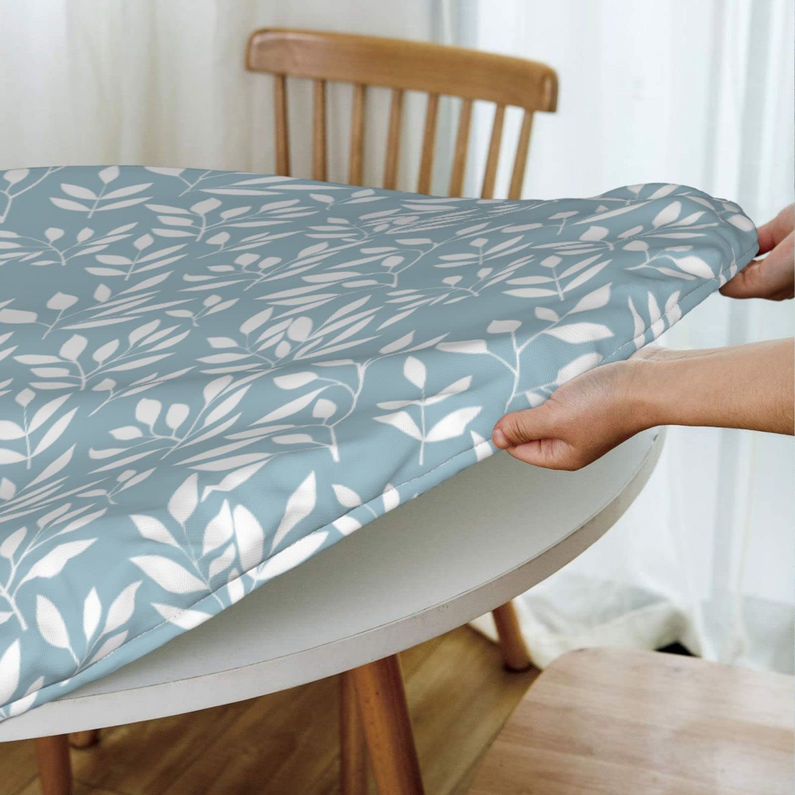 Waterproof Wipeable Elastic Edged Round Fitted Tablecloth - White Leaves Blue Design for 40
