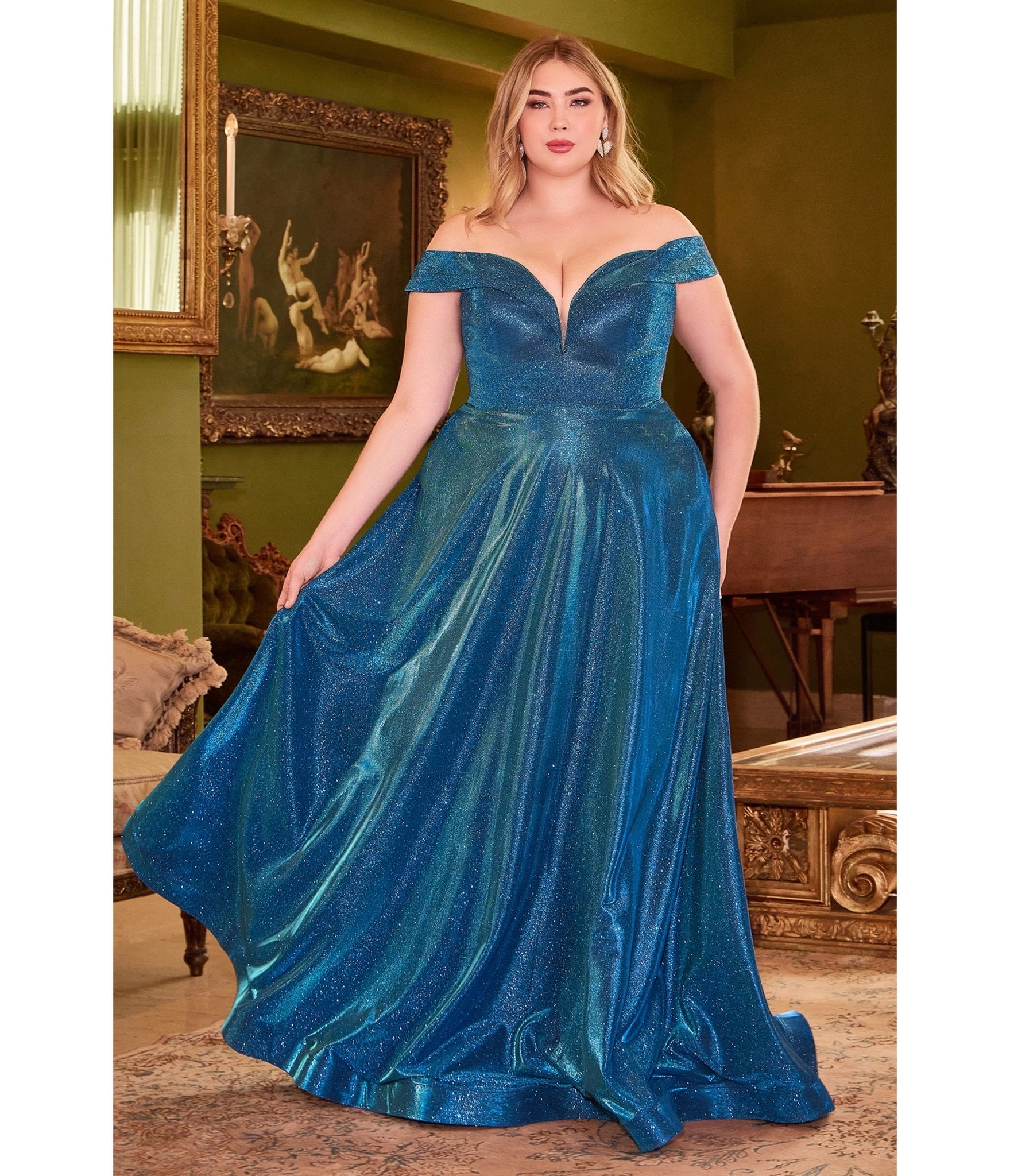 Ladivine by Cinderella Divine Plus Size Metallic Blue Off The Shoulder Bridesmaid Gown - Elegant Formal Dress for Weddings, Prom & Special Occasions