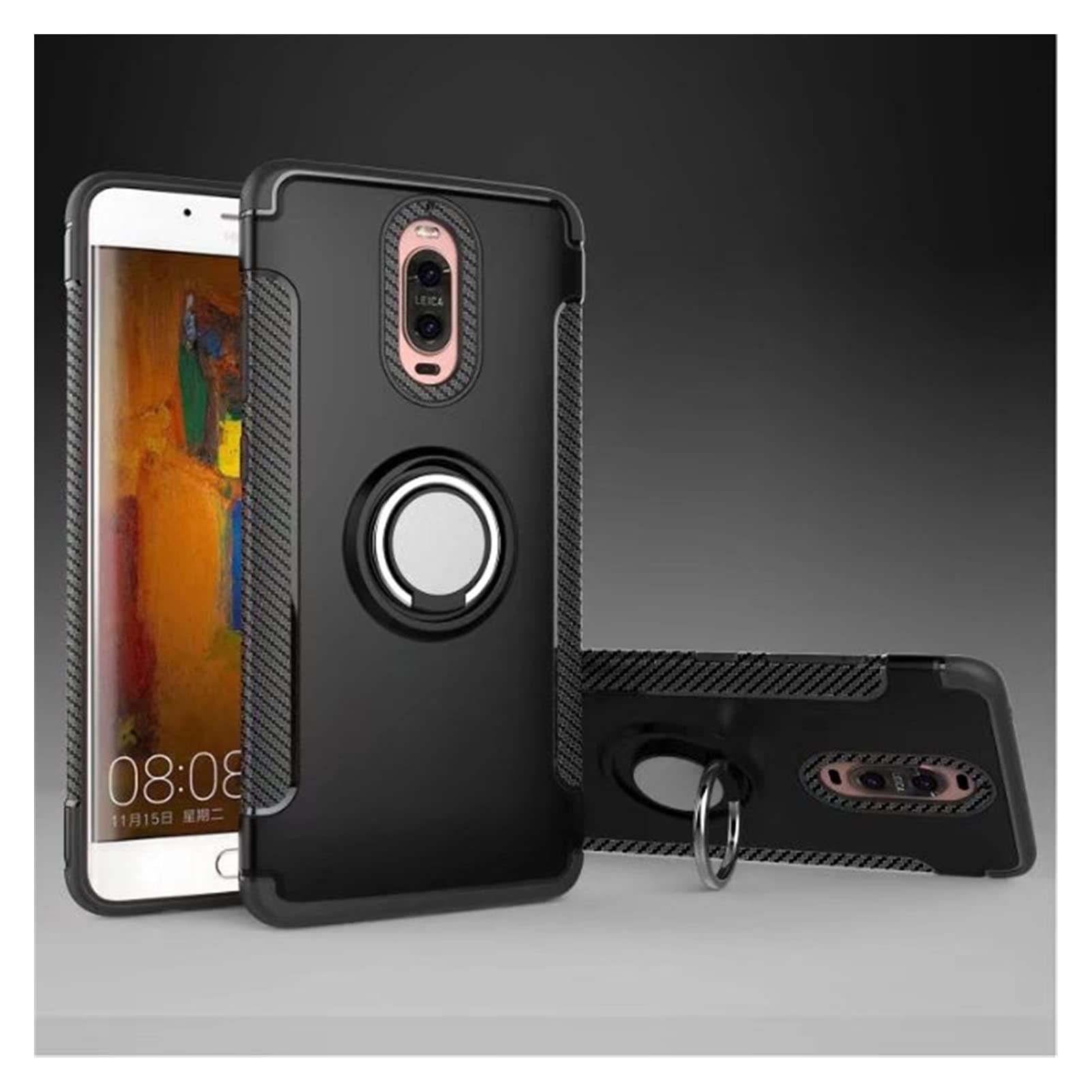 Premium Shockproof Phone Case for Huawei Mate 9 Pro - Heavy Duty Dual Layer Protection with 360° Rotating Finger Ring & Magnetic Car Mount | Perfect for Work, Travel & Outdoor Activities (Black)