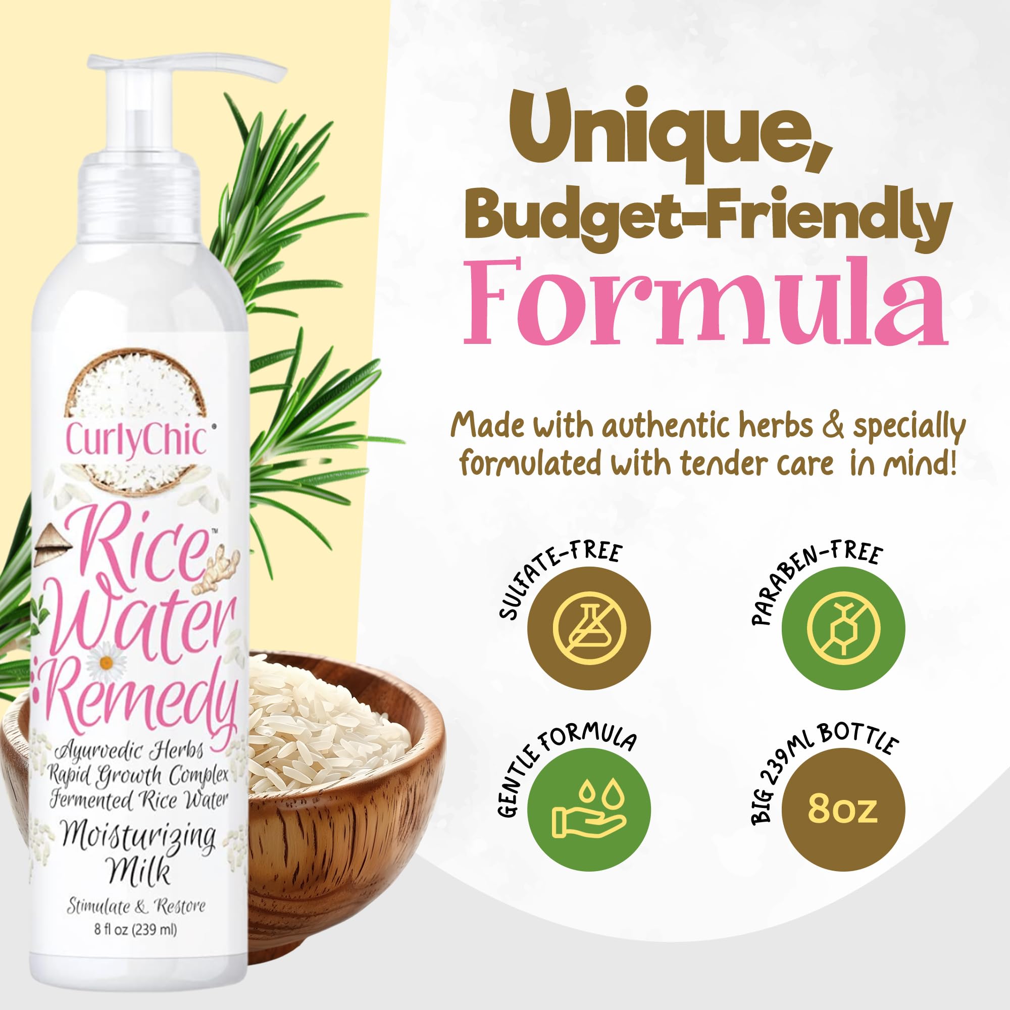 CurlyChic Rice Water Remedy Moisturizing Hair Milk - Hydrating & Detangling Hair Treatment with Ayurvedic Herbs & Fermented Rice Water for Dry Hair Repair & Rapid Growth - Sulfate, Paraben & Mineral Oil Free (8 fl oz) - Perfect for Curly, Coily & Damaged Hair Care Routine