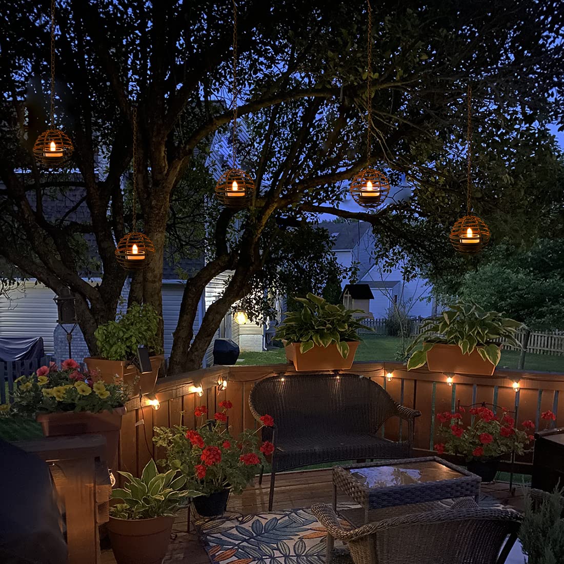 Solar Powered Hanging Lanterns Outdoor - Waterproof Rustic Iron Ball Candle Holders with Flickering LED Tea Lights - 4 Pack Solar Lights for Garden, Patio, Fence & Tree Decor - Perfect for Backyard Parties, Weddings & Holiday Decorations