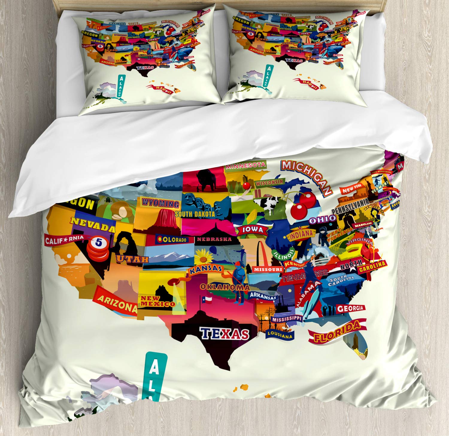 Ambesonne US Map Print Duvet Cover Set - Seashore, Sunflowers & Tourist Attractions Design, 3-Piece Queen Size Bedding with 2 Pillow Shams | Perfect for Home Decor, Guest Rooms & American-Themed Bedrooms