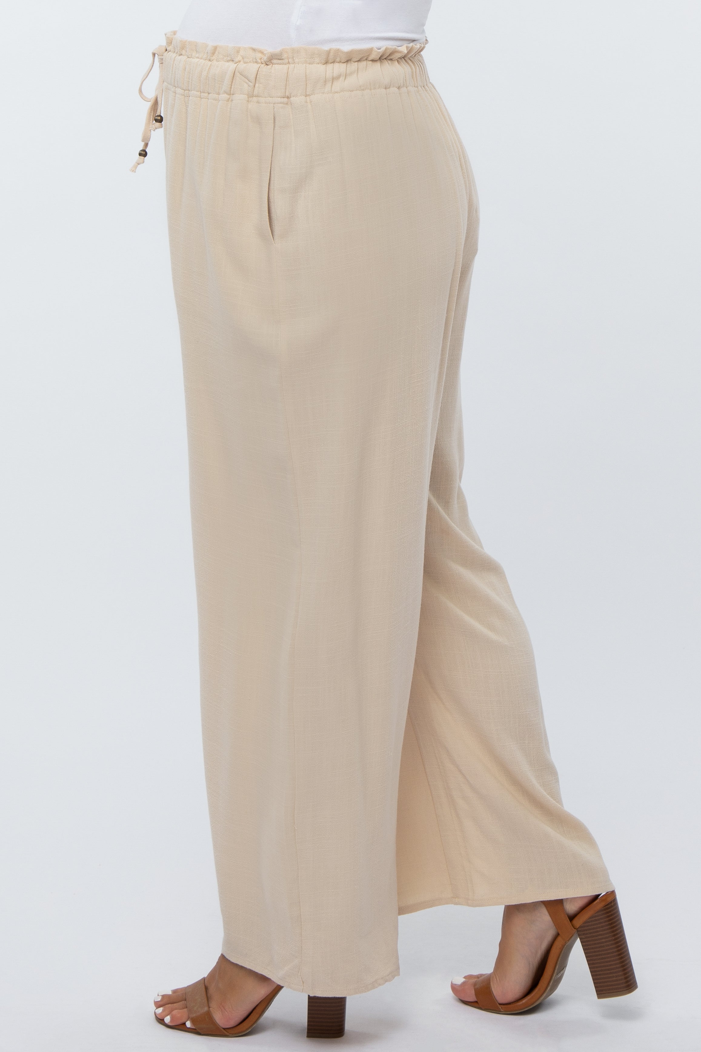 Beige Linen Maternity Pants with Drawstring Waist - Comfortable Pregnancy Pants for Casual Wear & Summer Outfits