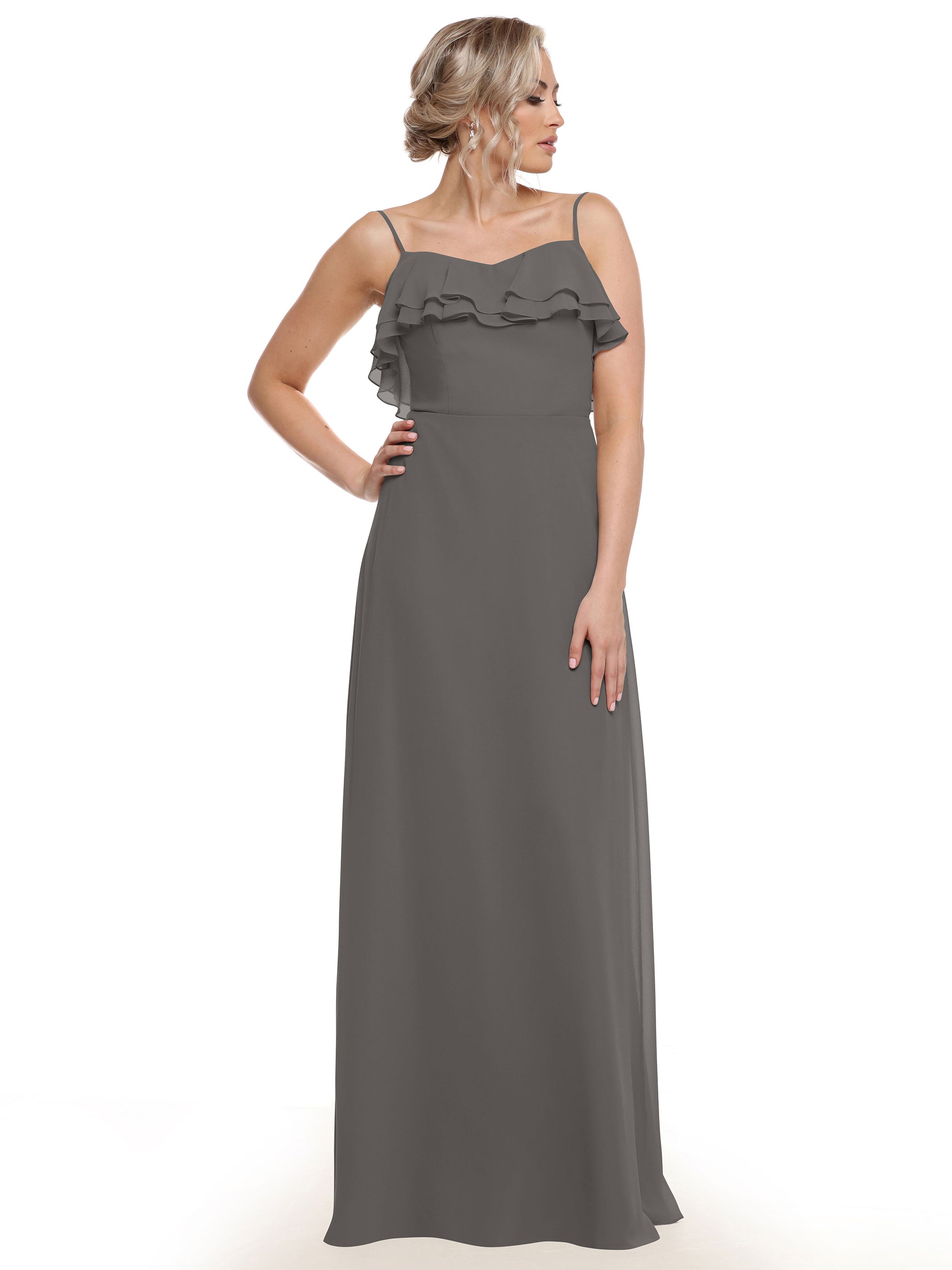 Elegant 80146 Sheath Chiffon Bridesmaid Dress with Ruffled Neckline - Perfect for Weddings, Formal Events & Special Occasions