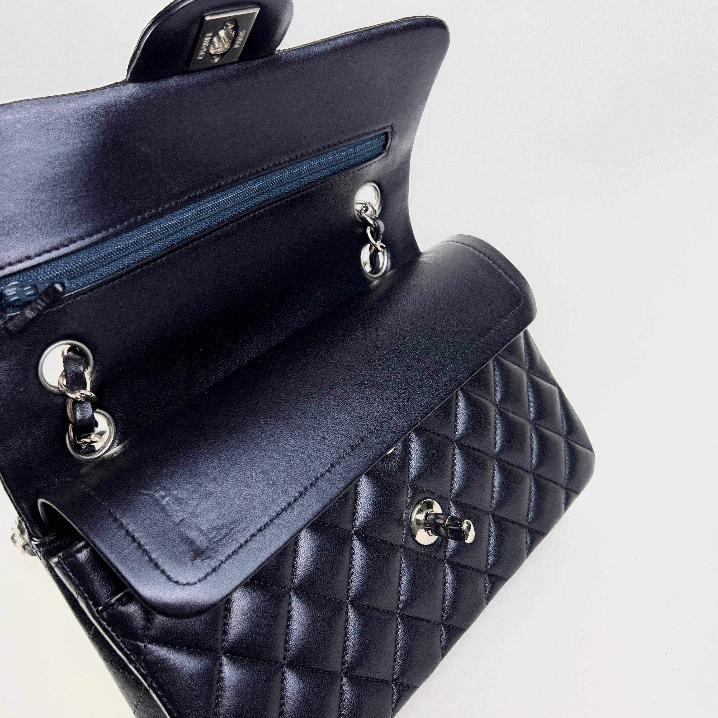 Chanel Small Double Classic Flap Bag in Metallic Navy Blue - Luxury Crossbody Purse for Women, Perfect for Evening Events & Date Nights
