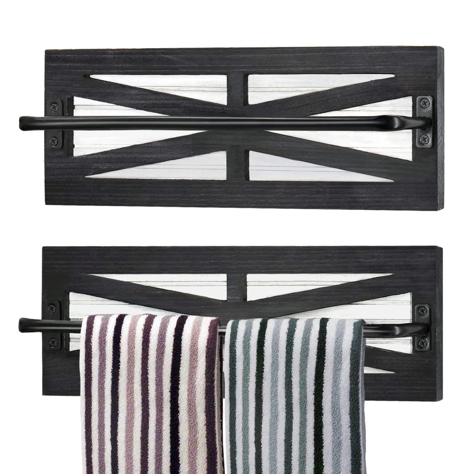 2PCS Rustic Wood Wall Mounted Towel Rack - Farmhouse Bathroom Towel Holder with Over The Door Design for Bathroom & Kitchen Decor - Perfect for Vintage Style Homes, Apartments and Rustic Themed Spaces